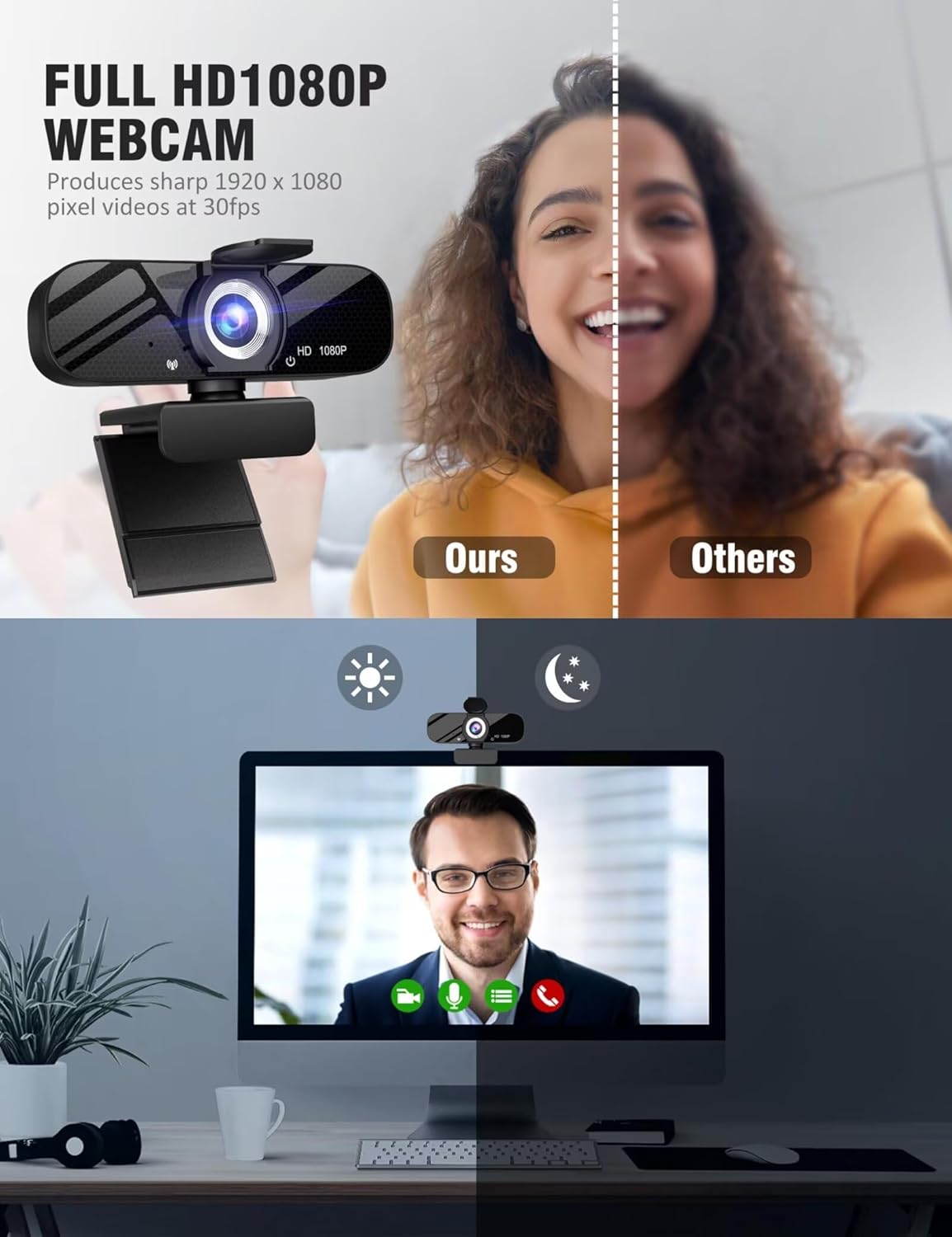 Tewiky Full HD Webcam with Built-in Microphone and Rotatable Tripod, 1080P Video and Wide Angle Camera, Privacy Cover, for Desktop PC or Laptop Computer - Image 2