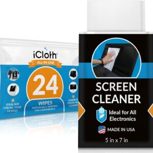 Screen Cleaner Wipes by iCloth – Individually Wrapped – Travel Size – Streak-Free (24 Large Wipes)