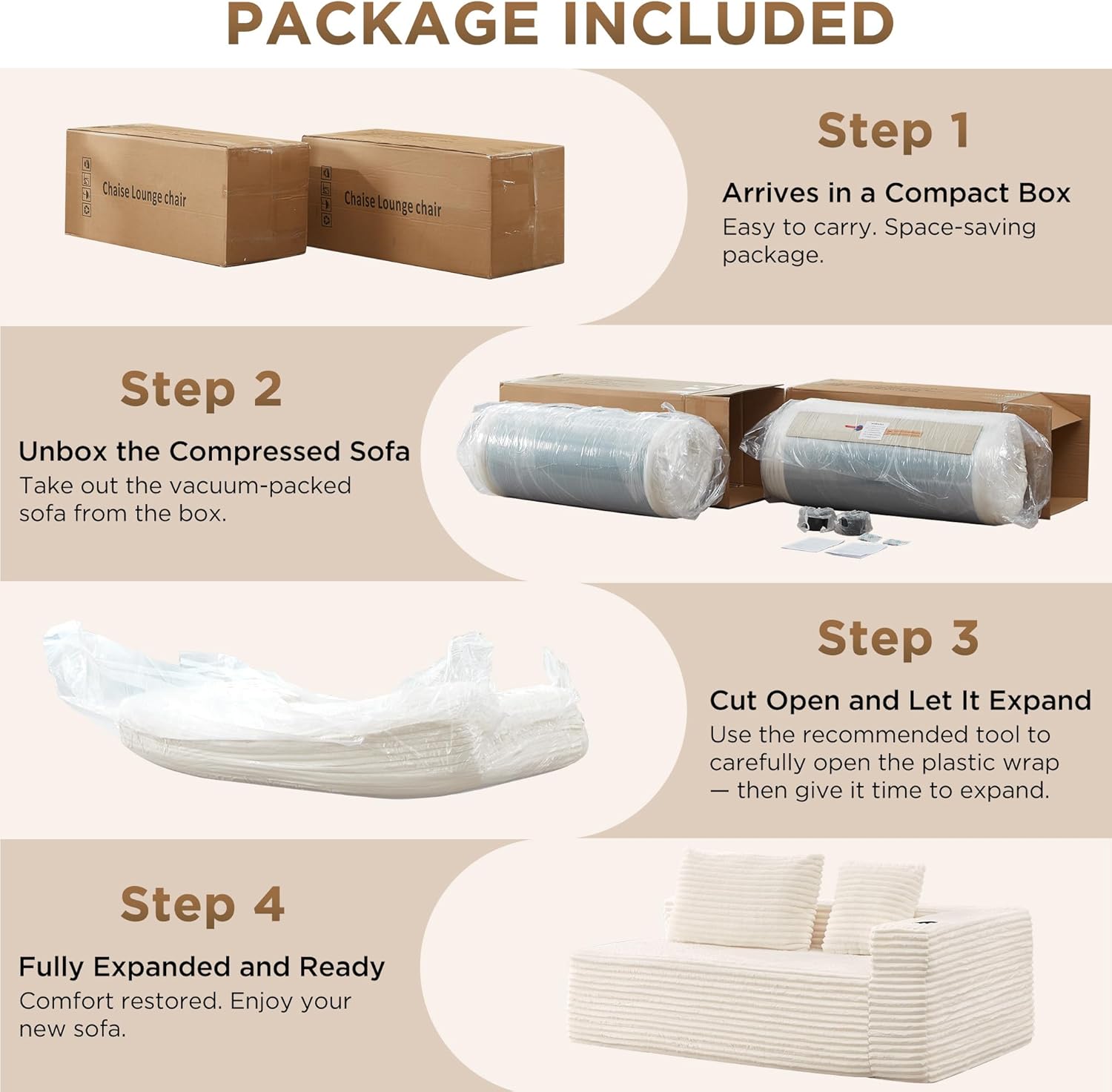 Modular Compressed Sectional Sofa Set – Velvet Corduroy Upholstery, Convertible Couch with Cup Holders and Pillows for Living Room, Beige - Image 6