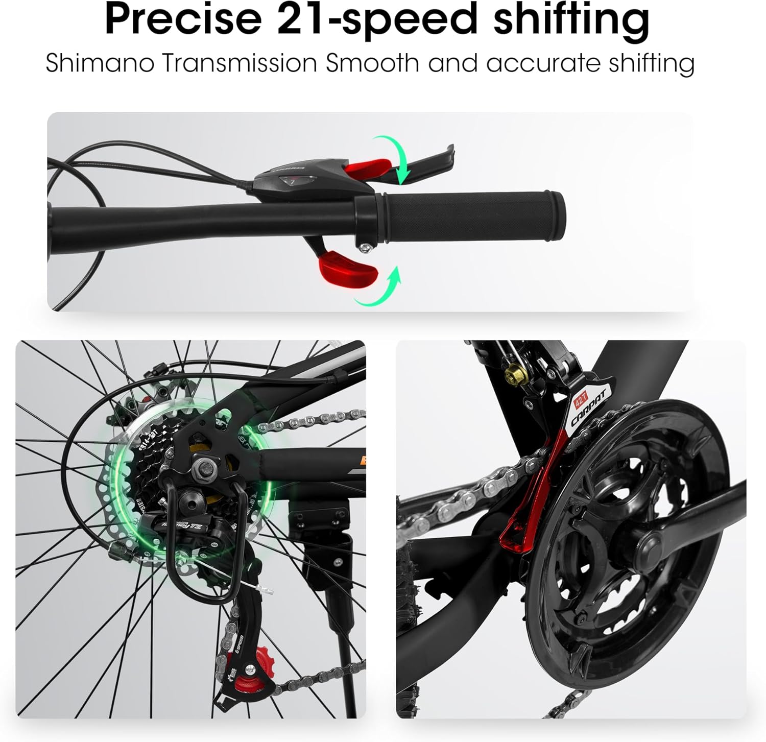 Mountain Bike for Adult Men Women, 26-Inch Wheels, Full Suspension, 21-Speed Drivetrain, Trigger Shifter, Aluminum Frame, Mechanical Disc Brake, Black/Green - Image 3