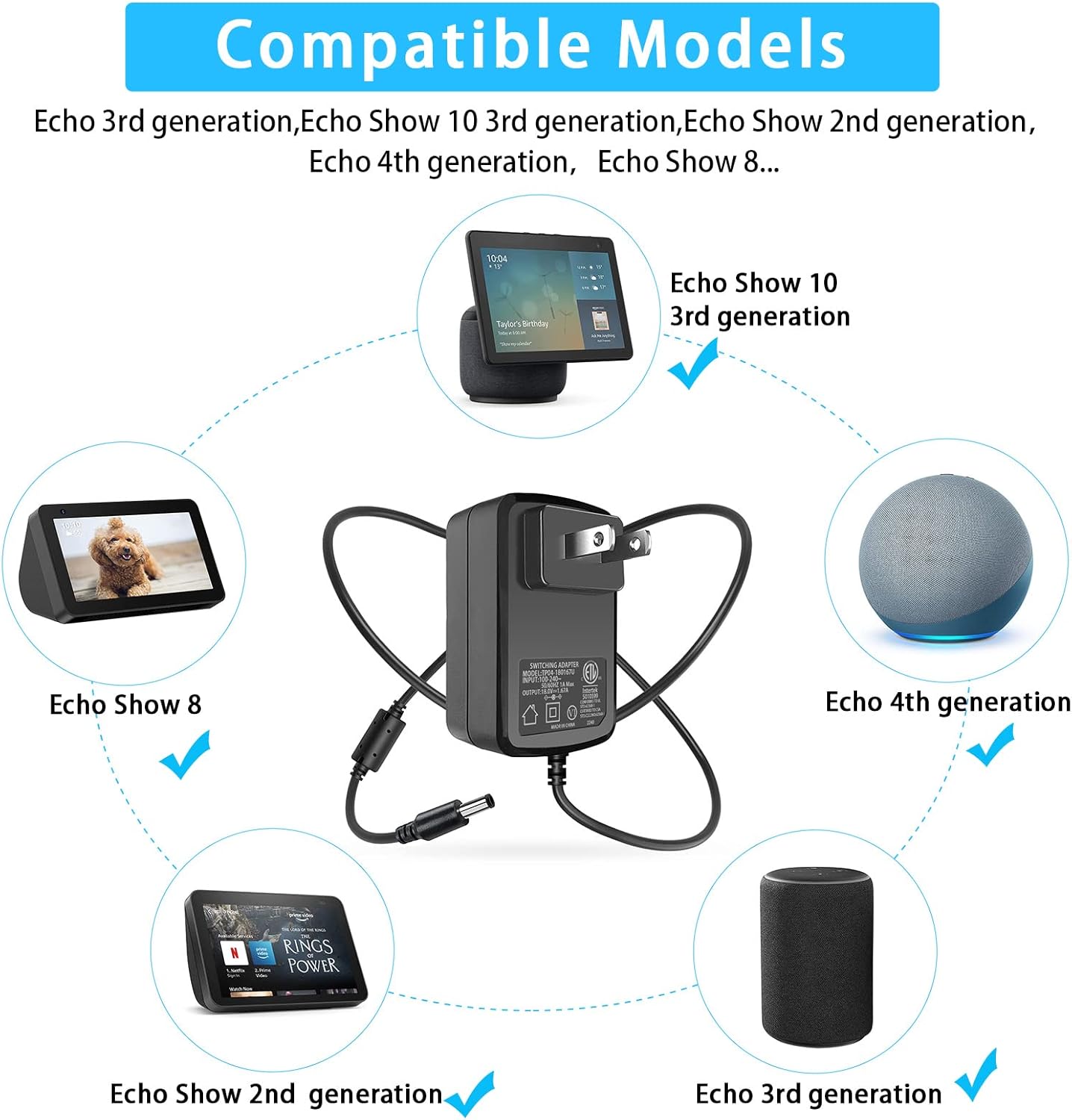 30W Power Adapter Cord for Amazon Alexa Echo (4th Gen), Echo (3rd Gen), Echo Show 15, Echo Show 10 (3rd Gen), Echo Show (2nd Gen), Echo Show 8, and Echo Plus (2nd Gen) - Image 2