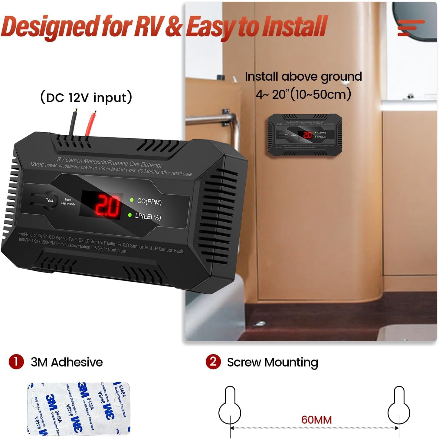 RV Carbon Monoxide Alarm and Propane Gas Detector, LP/CO Leak Alarm with Separate LED Indicator Light,Carbon Monoxide 85dB Safe Warning to Ensure Boat RV Camping Safety Travel, 12 VDC- Black - Image 4