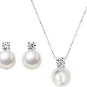 Pearl Earrings Necklace Set Silver Pearl Stud Earrings for Women Minimalist Pearl Earring Necklace Trendy Hypoallergenic Wedding Earrings for Women