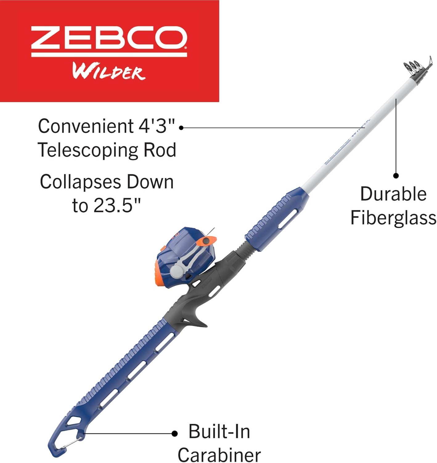 Zebco Wilder Fishing Reel and Rod Combo, 4'3" Durable Fiberglass Rod with Built-In Carabiner, Patented No-Tangle Reel, Pre-Spooled with 6-Pound Zebco Cajun Fishing Line, Blue/Orange - Image 2