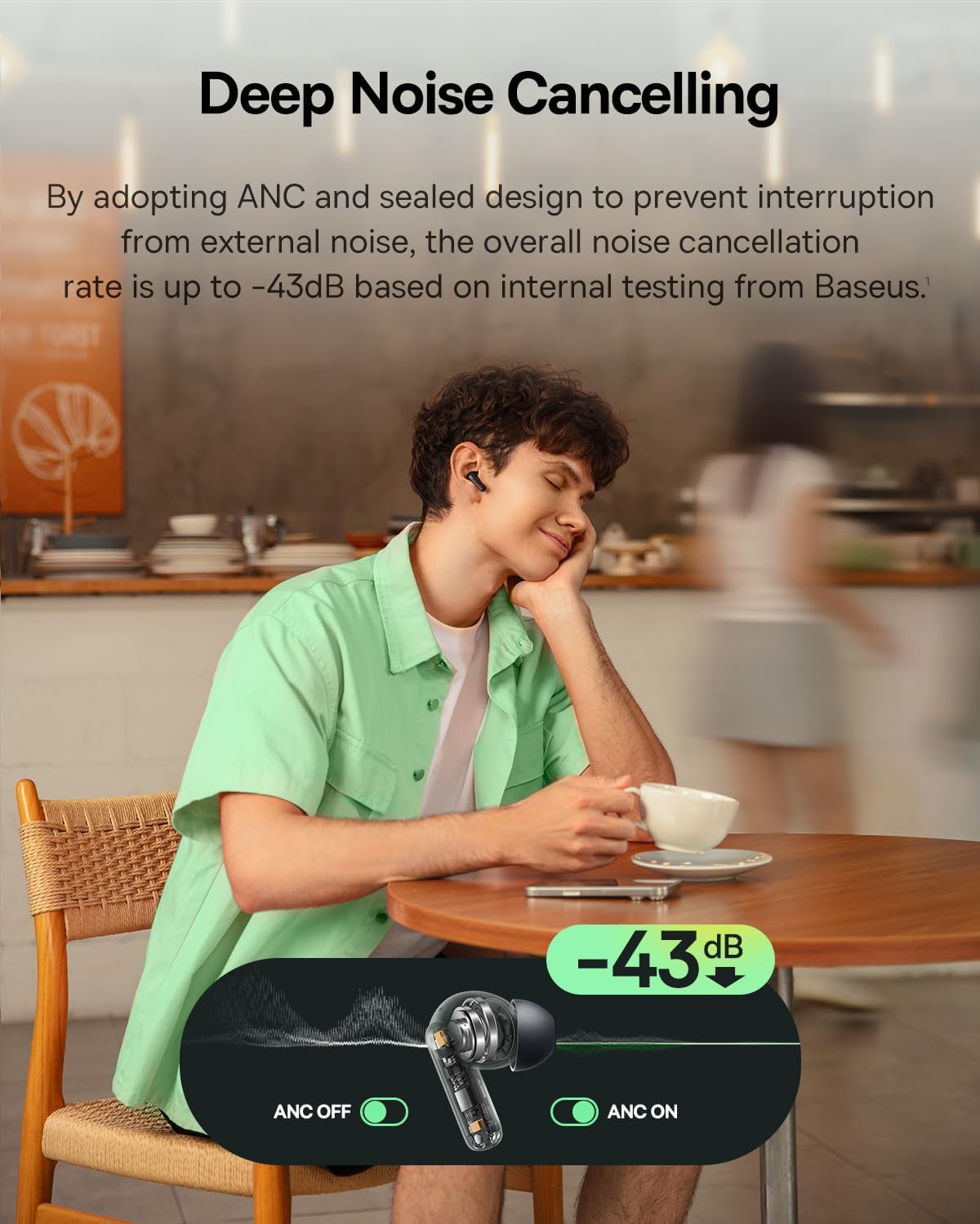 Baseus Bass BP1 NC Hybrid Active Noise Cancelling Wireless Earbuds, 12mm Super-Bass Driver, 41H Playtime, Bluetooth 6.0, IP55 Waterproof, 4-Mic AI ENC, 24 Customizable EQ - Image 2