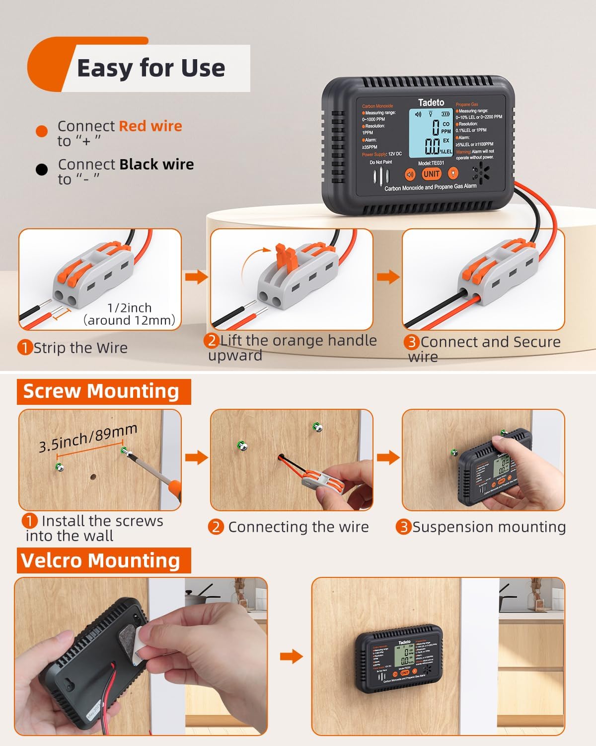 Tadeto RV Carbon Monoxide and Propane Gas Alarm, 12V DC Hardwired CO/LPG Gas Leak Alarm with Light and Audible Indicator, RV Propane Detector with Reset/Backlight for RV/Trailer/Camper - Image 5