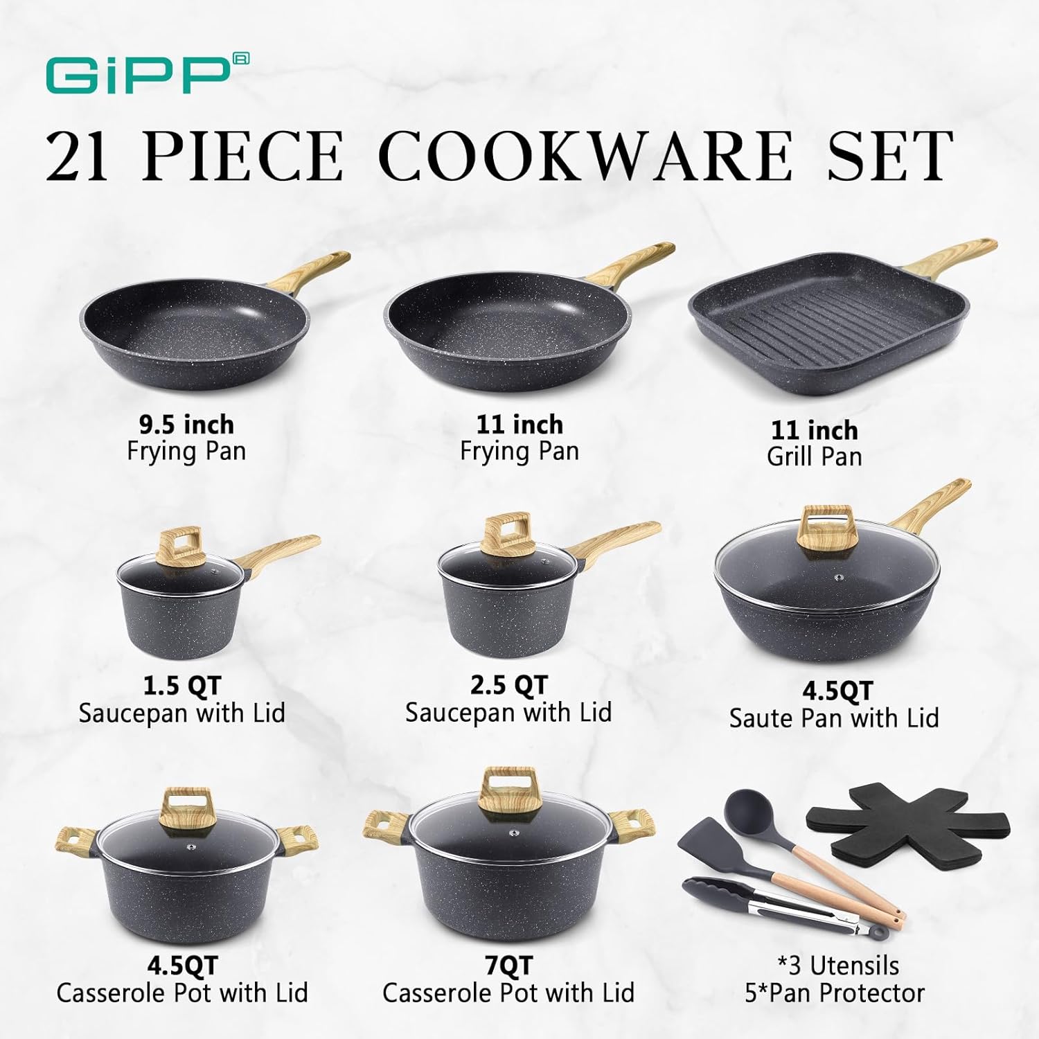 GiPP 21Psc Pots and Pans Set Non Stick - Grey Ceramic Kitchen Cookware Sets Nonstick Induction Cookware Non-toxic Cooking Pan Set with Silicone Utensils, PFOS and PFOA Free - Image 2