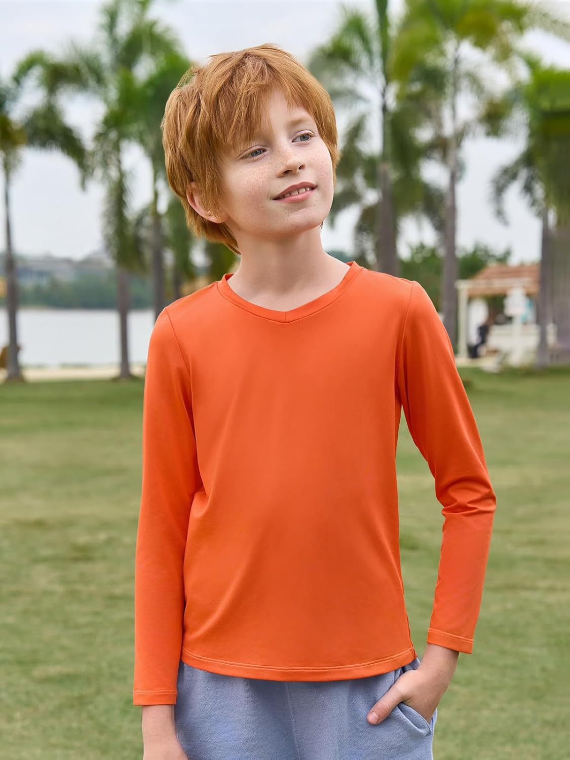 Haloumoning Boys Long Sleeve Shirts Dry Fit Athletic T Shirts for Teens Kids V-Neck Comfy Tops Tees 5-14 Years - Image 2