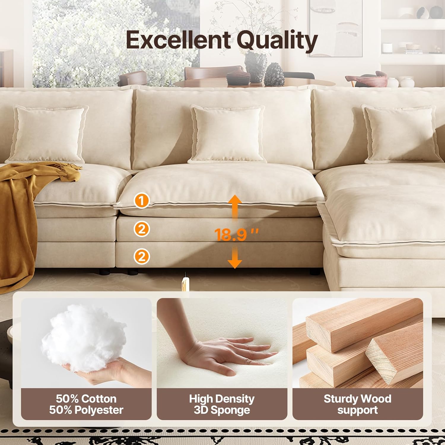 Shaped Modern Sofa Modular Sectional Cloud Couch, 114 Inch L Shaped Couch Set for Living RoomBedroom and Apartment, 4-Seater Comfy Cloud Couches with Movable Ottoman, Chenille, (Beige, 114 Inch-L) - Image 7