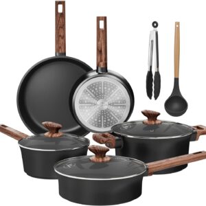 Kitchen Academy Non Toxic Pots and Pans Set Non Stick – 10 Pcs Induction Ceramic Cookware Set, Healthy Nonstick Black Cooking Pans Set, PFAS/PTFE/PFOA & PFOS Free