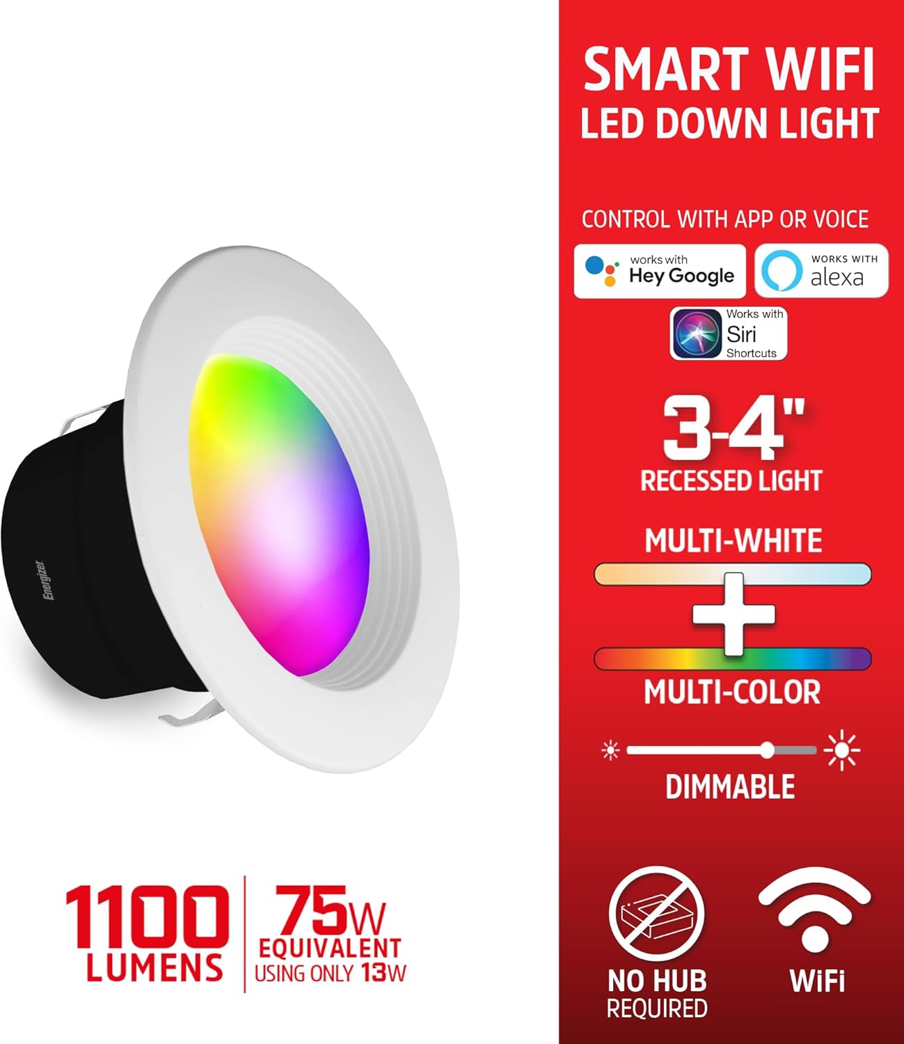 Energizer Smart Recessed Downlight, 3”-4” BR30 Multi-Color & Multi-White Wi-Fi LED Bulb, E26 Screw Base, 1100 Lumens, 11W, 75W Equivalent, App & Voice Control with Alexa Google Siri, Scheduling & More - Image 2