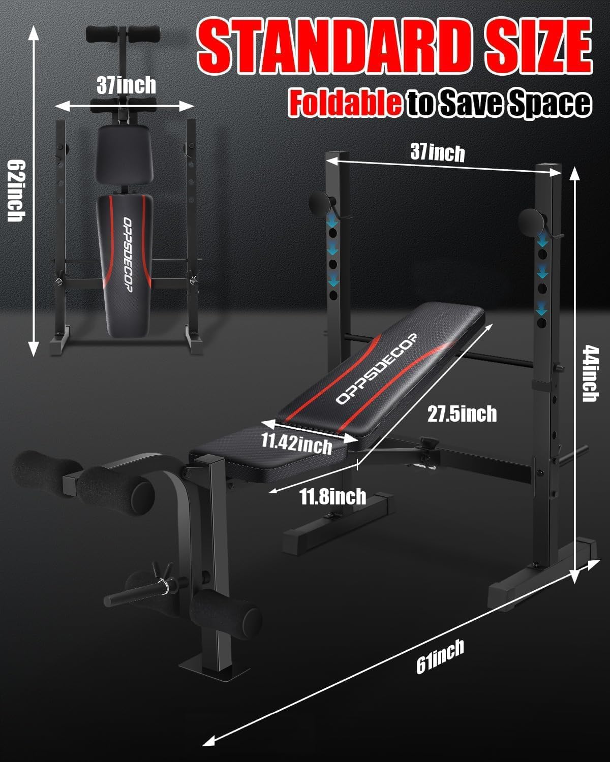 OPPSDECOR Standard Weight Bench Set with Squat Rack, 600LBS Adjustable Bench Press Set with Leg Extension and Leg Curl, Foldable Flat Incline Decline Workout Bench for Home Gym Full Body Training - Image 5