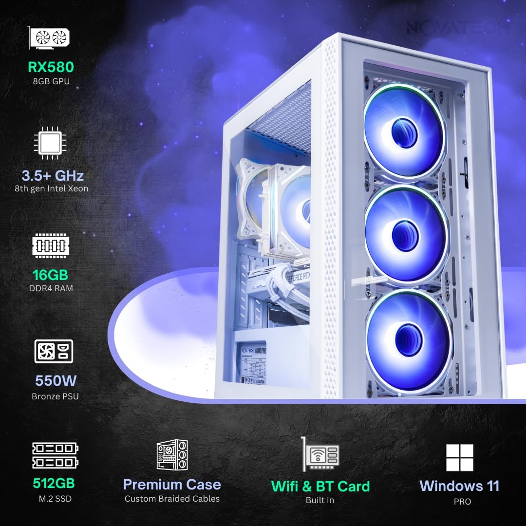 NOVATECH Phantom - Prebuilt Gaming PC Desktop Computer - Core Xeon i7 3.5GHz - RX580-16GB RAM - 512GB M.2 SSD WiFi/BT, Win 11 - Gaming Computer Tower - Pre Built PC Gaming - 1 Year Warranty (White) - Image 2