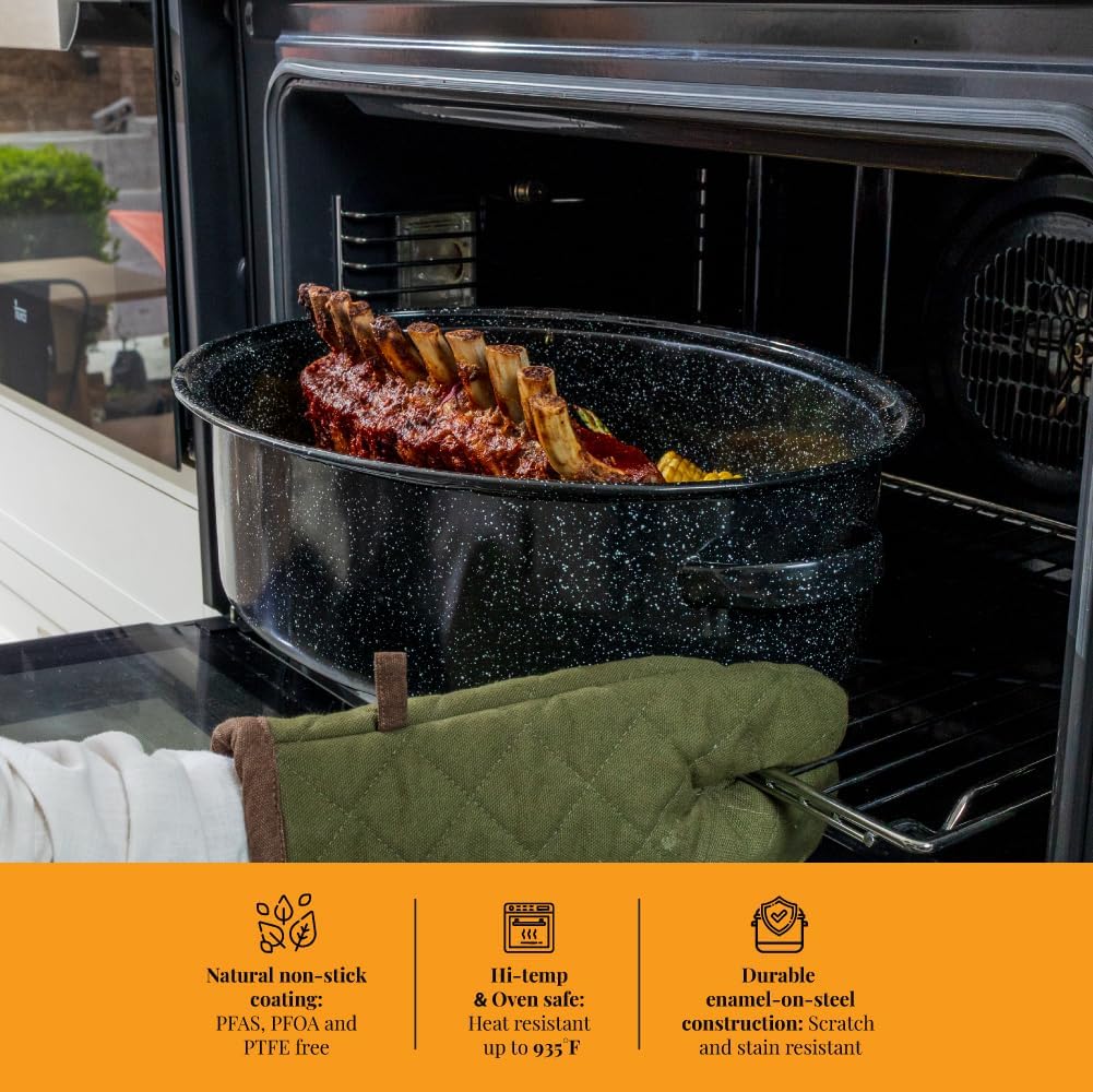 Granite Ware 4-Piece 18-in Roasting Set w/Lid, Enameled Steel, Speckled Black - Image 6