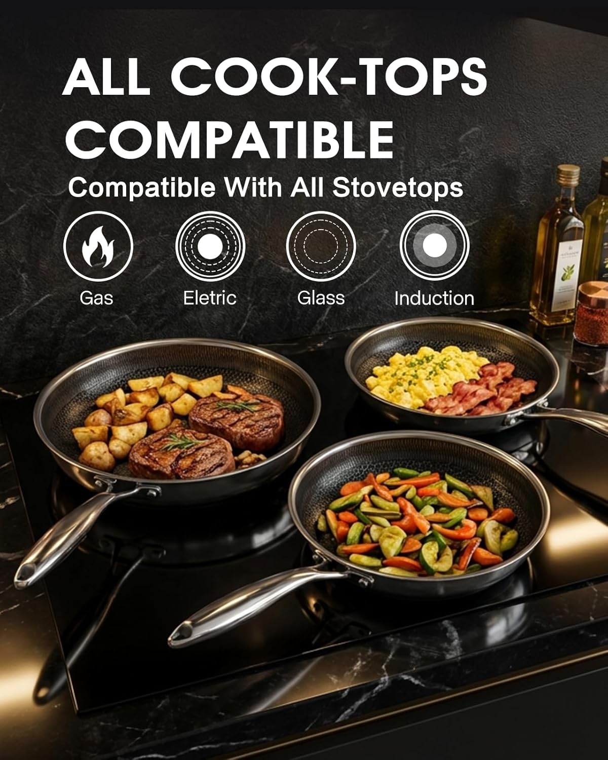 Non Stick Frying Pans Set 8, 10, and 12 Inch 6 Pcs Skillet with Tempered Glass Lids, Stay-cooling Handle, PFOA Free Non Toxic Dishwash & Oven Safe Kithchen Cookware Set Compatible All Cooktops - Image 4