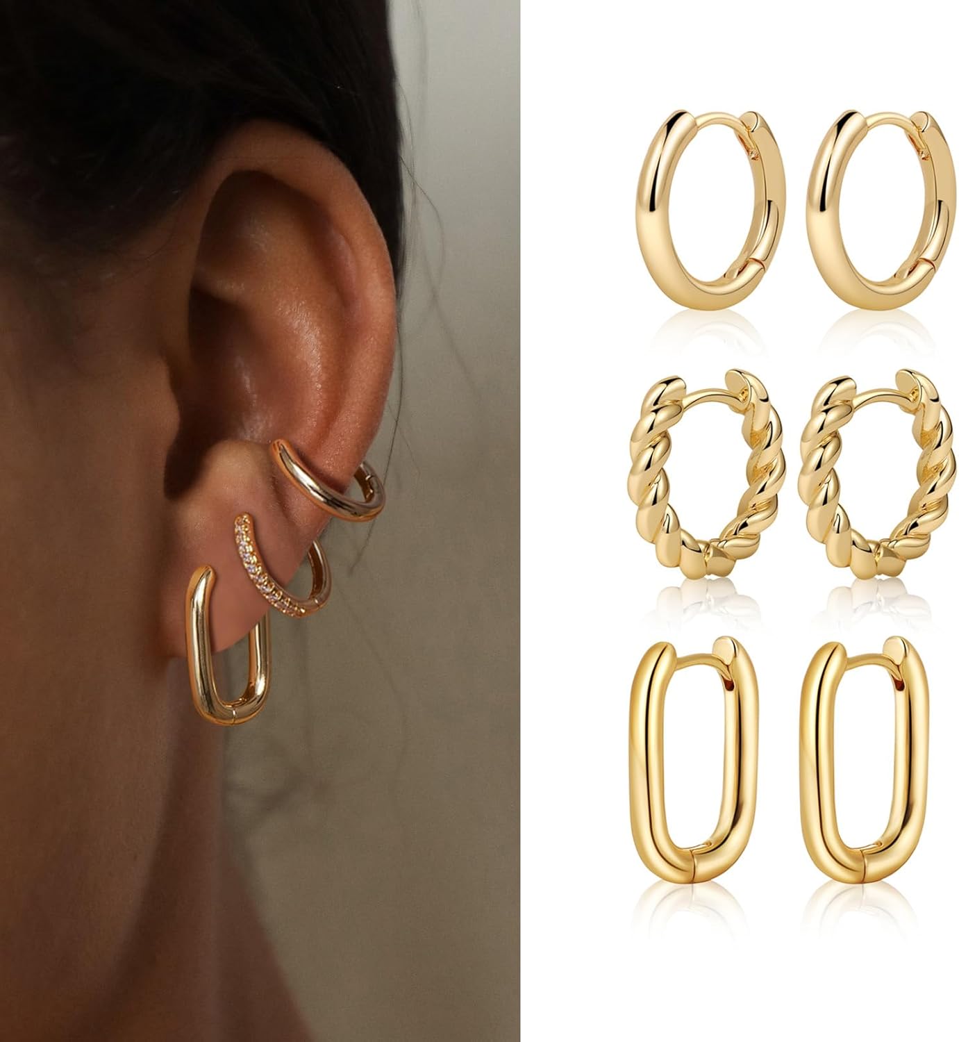 MIDEEO Gold/Sliver Chunky Hoop Earrings Set for Women, 14K Gold Plated Twisted Huggie Hoop Earring Hypoallergenic Thick Open Lightweight Chunky Hoop Earrings Jewelry for Gifts - Image 2