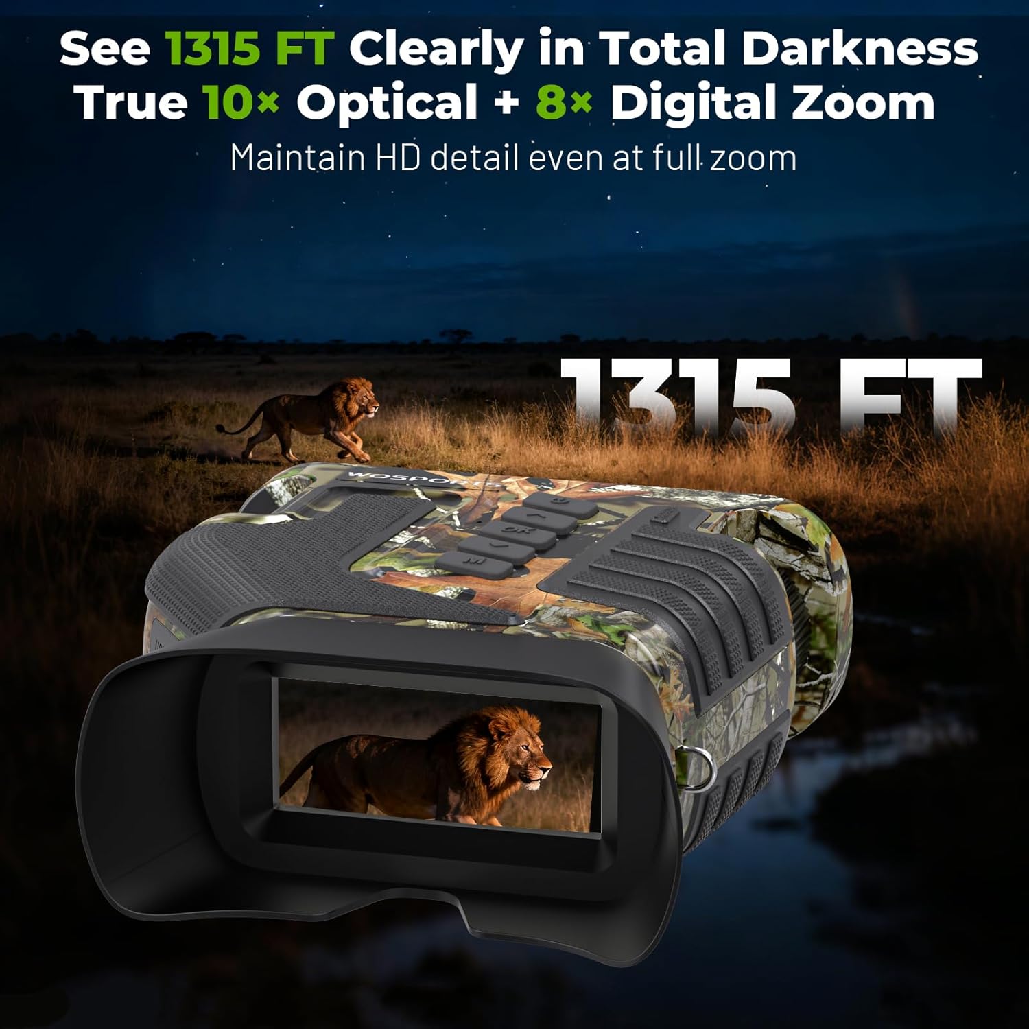 WOSPORTS 4K Night Vision Goggles – up to 80X Total Magnification, 10X Optical + 8X Digital Zoom, 1315FT Vision Range, 5000mAh Rechargeable Battery, IPX Waterproof NVG, Gifts for Men - Image 3