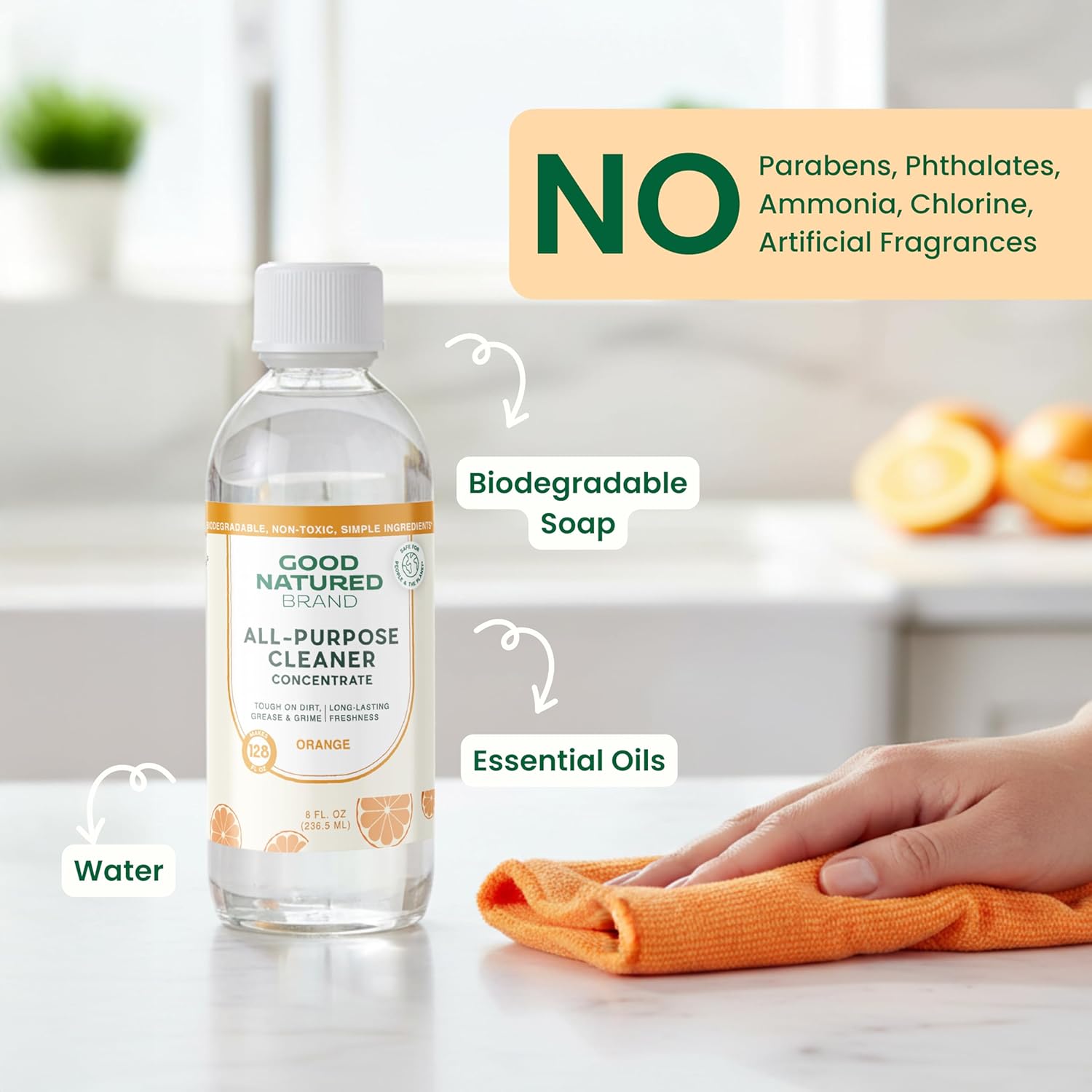 Good Natured Brand All-Purpose Cleaner Concentrate | Multi-Surface Cleaner | Natural Orange Essential Oil | Multipurpose Cleaner Concentrate All Surfaces | Orange | 8oz makes 128oz - Image 3