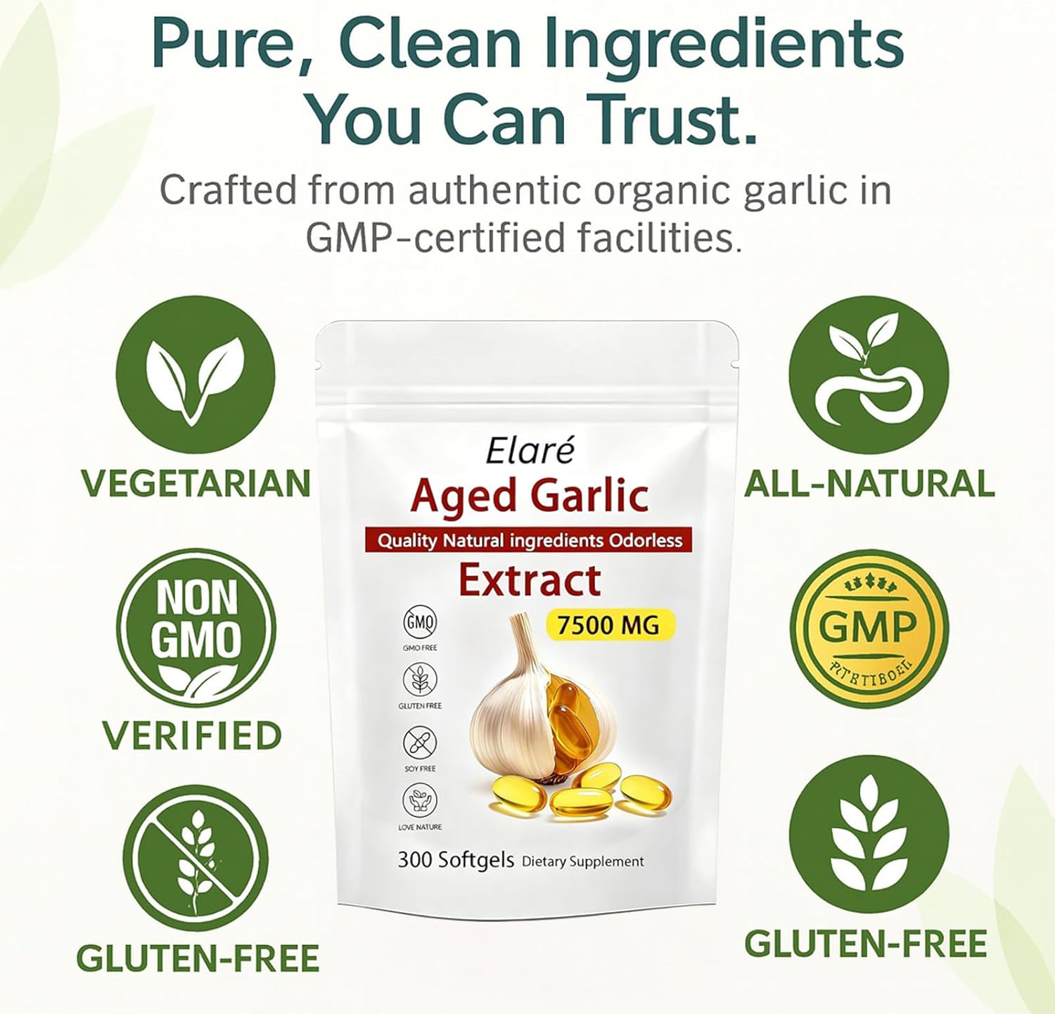 Elare Aged Garlic Extract – 300 Count 7500mg Odorless Organic Garlic Supplement for Heart & Immune Support – Vegetarian, Non-GMO, All-Natural Softgels, 2-Year Matured for Antioxidant Wellness (1) - Image 6
