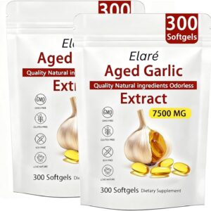 Elare Aged Garlic Extract – 300 Count 7500mg Odorless Organic Garlic Supplement for Heart & Immune Support – Vegetarian, Non-GMO, All-Natural Softgels, 2-Year Matured for Antioxidant Wellness (2)