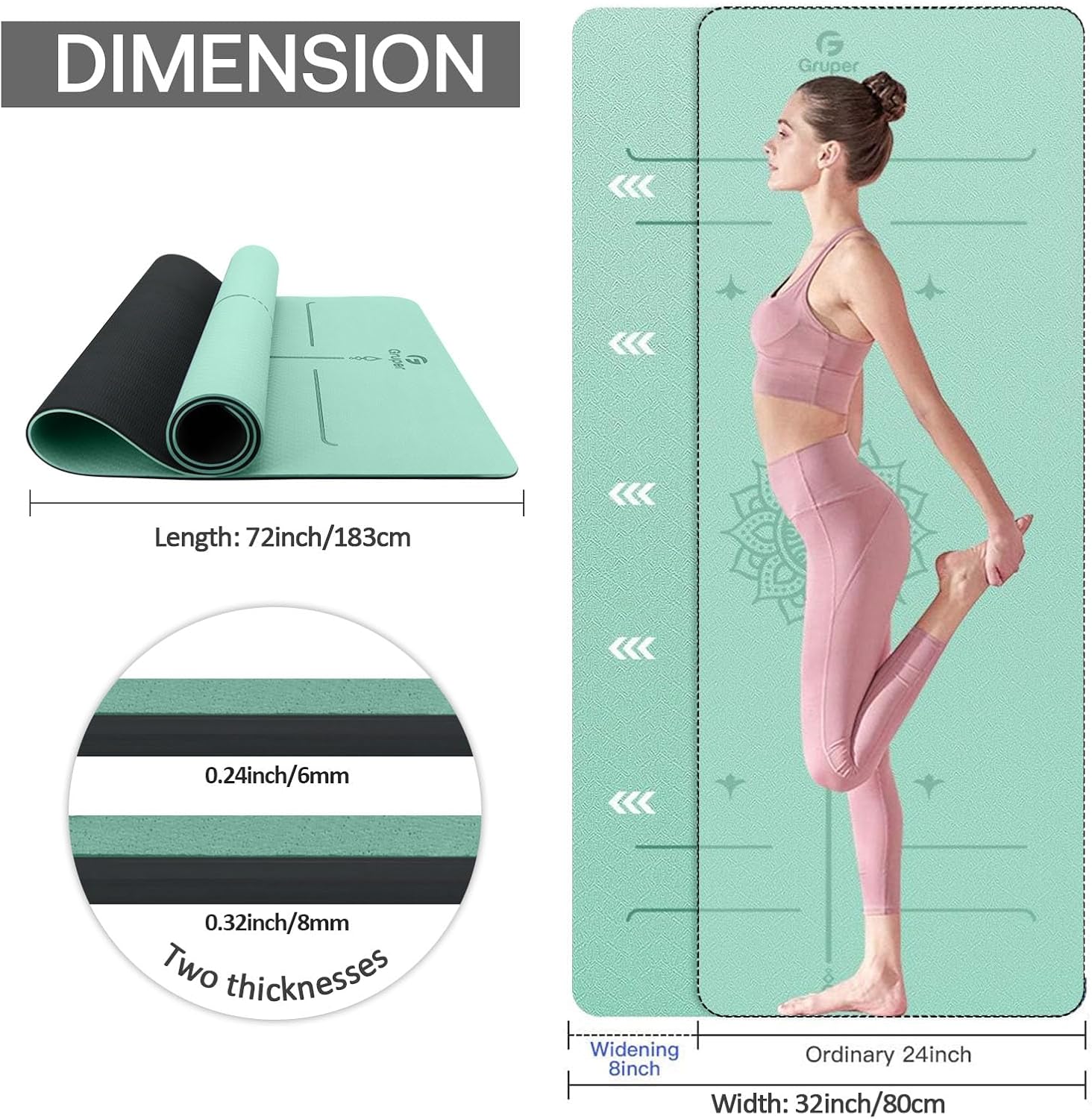 Yoga Mat Non Slip TPE Extra Wide Yoga Mat with Alignment Mark, 72"L x 32"W x 0.32"/0.24"Th (183cm x 80cm x 8mm/6mm), Anti-Tear Exercise Mat with Carrying Strap and Bag, Workout Mats for Yoga, Pilates - Image 3