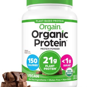 Orgain Organic Vegan Protein Powder, Creamy Chocolate Fudge – 21g Plant Protein, 6g Prebiotic Fiber, Low Net Carb, No Lactose Ingredients, No Added Sugar, Non-GMO, For Shakes & Smoothies, 2.03 lb