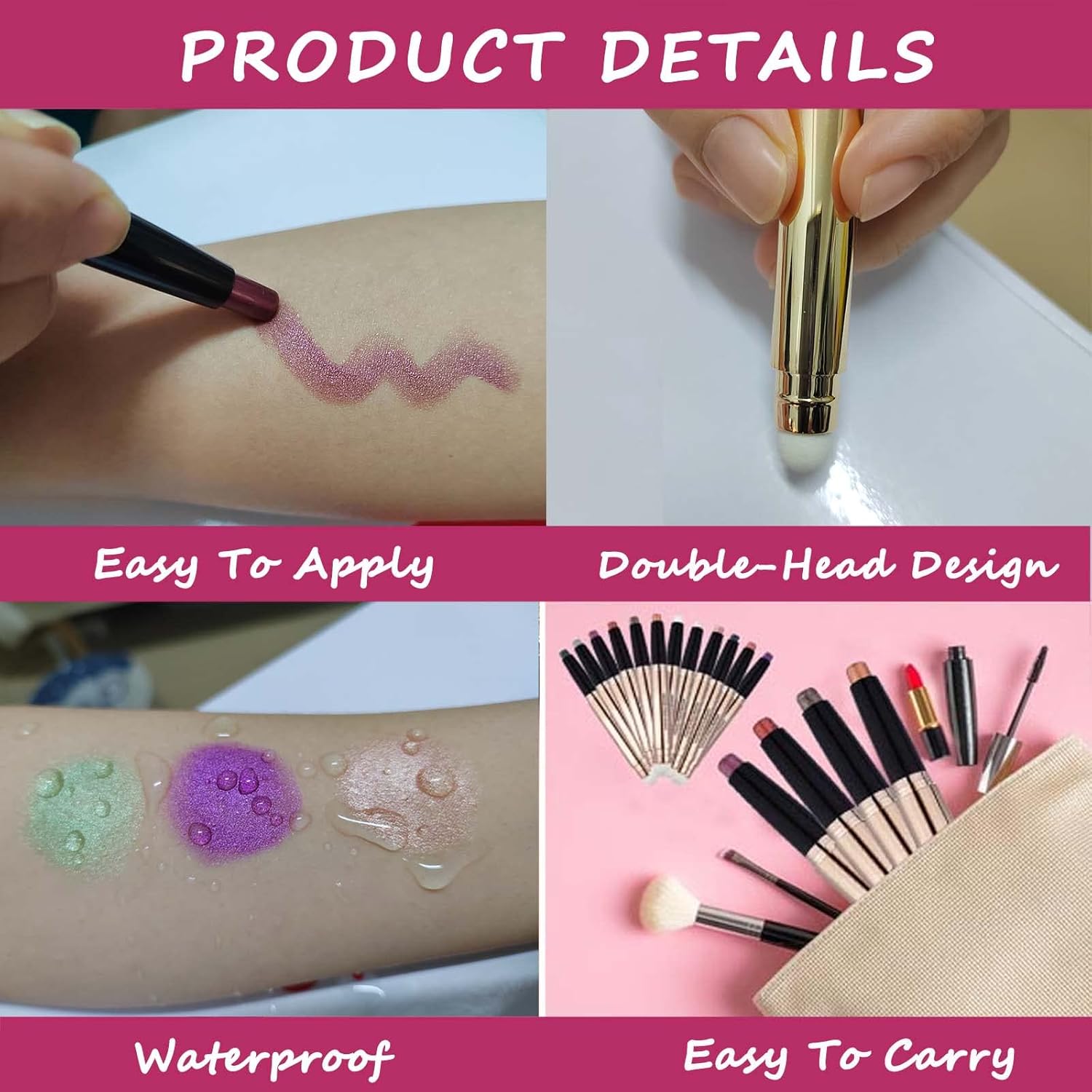 Rose Gold Eyeshadow Stick Makeup, Highlighter Matte Cream Eye Shadow Pencil, Waterproof Hypoallergenic Long Lasting Crayon, Glitter Primer Palette Shimmer Eyeliner Pen wiht Soft Brush - Image 5