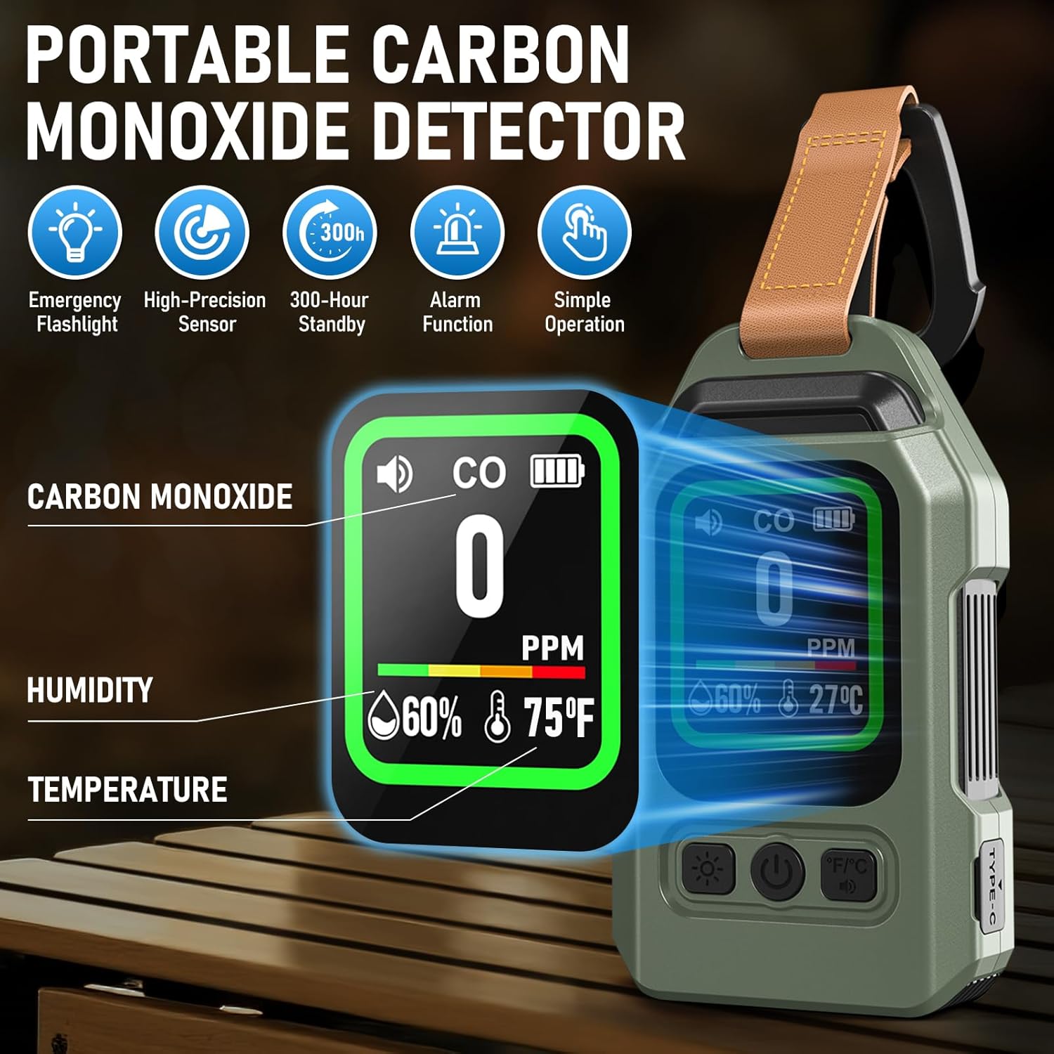 4-in-1 Portable Carbon Monoxide Detector for Travel, 300HR Battery Life,CO Detector Alarm with Temp/Humidity Monitor and Emergency Flashlight,for Camping,RV,Hotel,Kitchen - Image 2