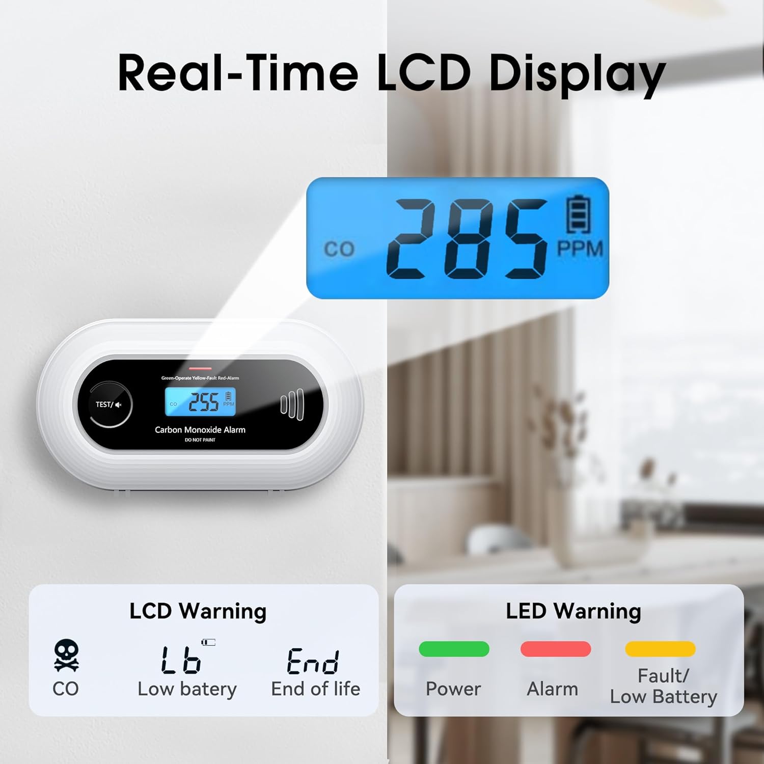 Carbon Monoxide Detector, Portable 10-Year Battery CO Alarm with Digital LCD Display, Battery Powered CO Detector for Home, Office and Travel - Image 3