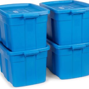 Rubbermaid Roughneck Tote 25 Gal, 4 Pack, Made in USA, Heritage Blue, Rugged Plastic Stackable Storage Bins with Lids and Handles