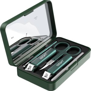 Nice 5-in-1 Premium Grooming Set: Nail Clipper, File, Ear Pick, Facial Hair Scissors, and Mirror in Elegant Storage Box – Manicure Pedicure Kit With Slant Edge Toenail Clipper