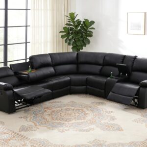 Black Leather Reclining Sectional Sofa Set, Living Room Furniture Sets, Faux Leather L-Shaped Sectional Couch, 6-Seat Manual Recliner Couch with Coffee Table/Cupholders/Storage for Home/Office
