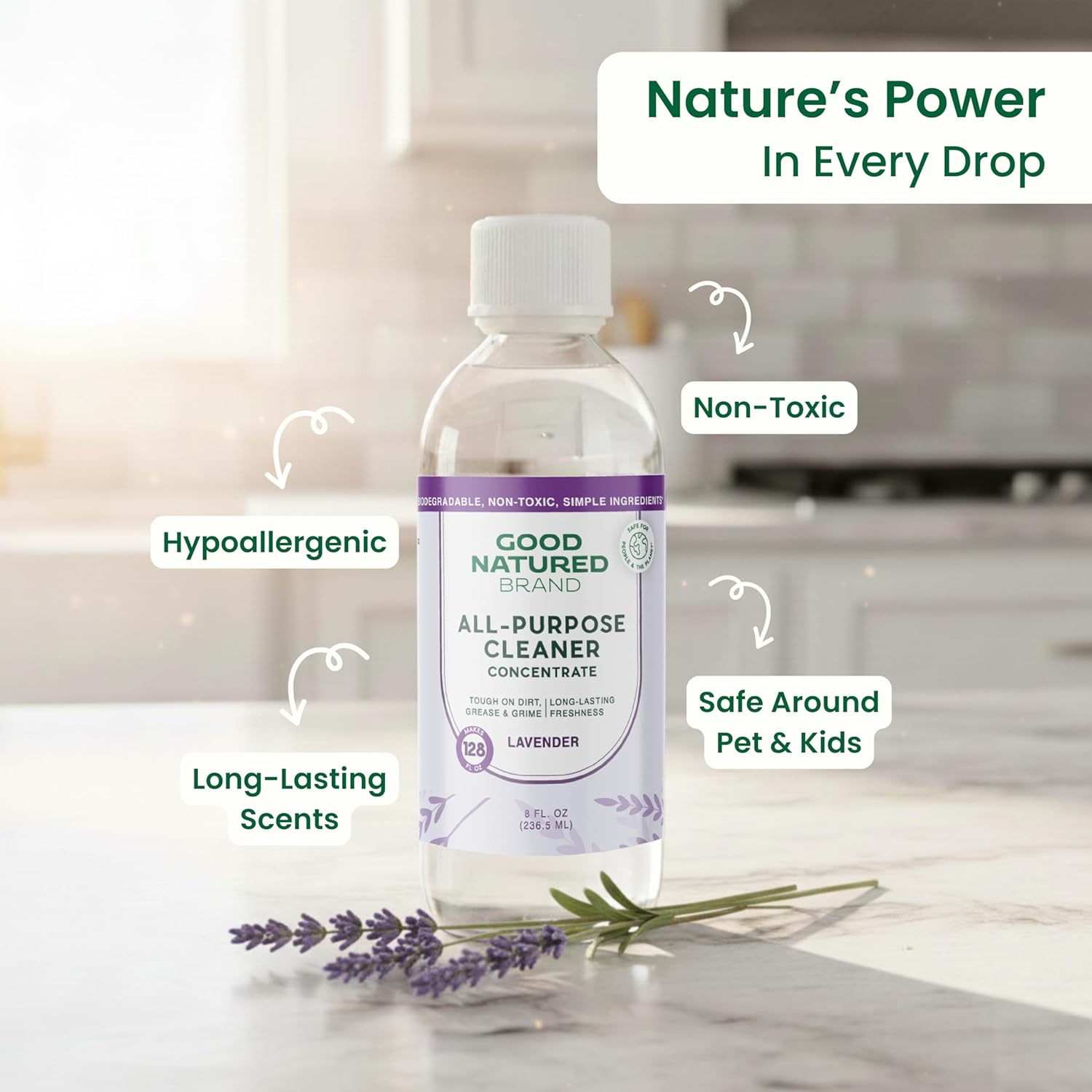 Good Natured Brand All-Purpose Cleaner Concentrate | Multi-Surface Cleaner | Natural Lavender Essential Oil | Multipurpose Cleaner Concentrate All Surfaces | Lavender | 8oz makes 128oz - Image 2
