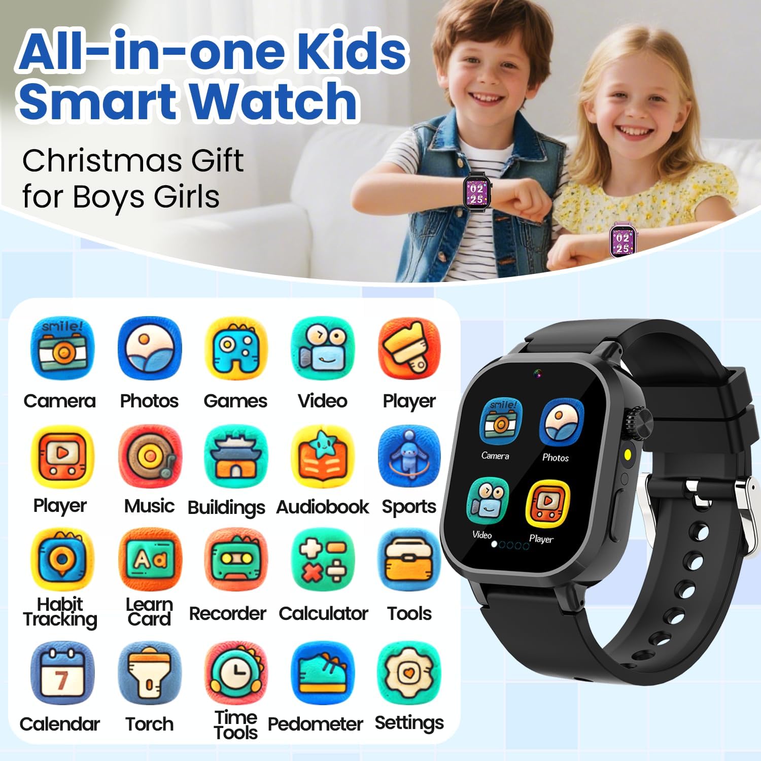 Waterproof Smart Watch for Kids Boys Ages 5-12 with 39 Games, HD Camera, Video, Music, Habit Tracking, Alarm, Pedometer, Kids Smart Watch Chrismars Birthday Gift for Boys Age 5 6 7 8(Black) - Image 2