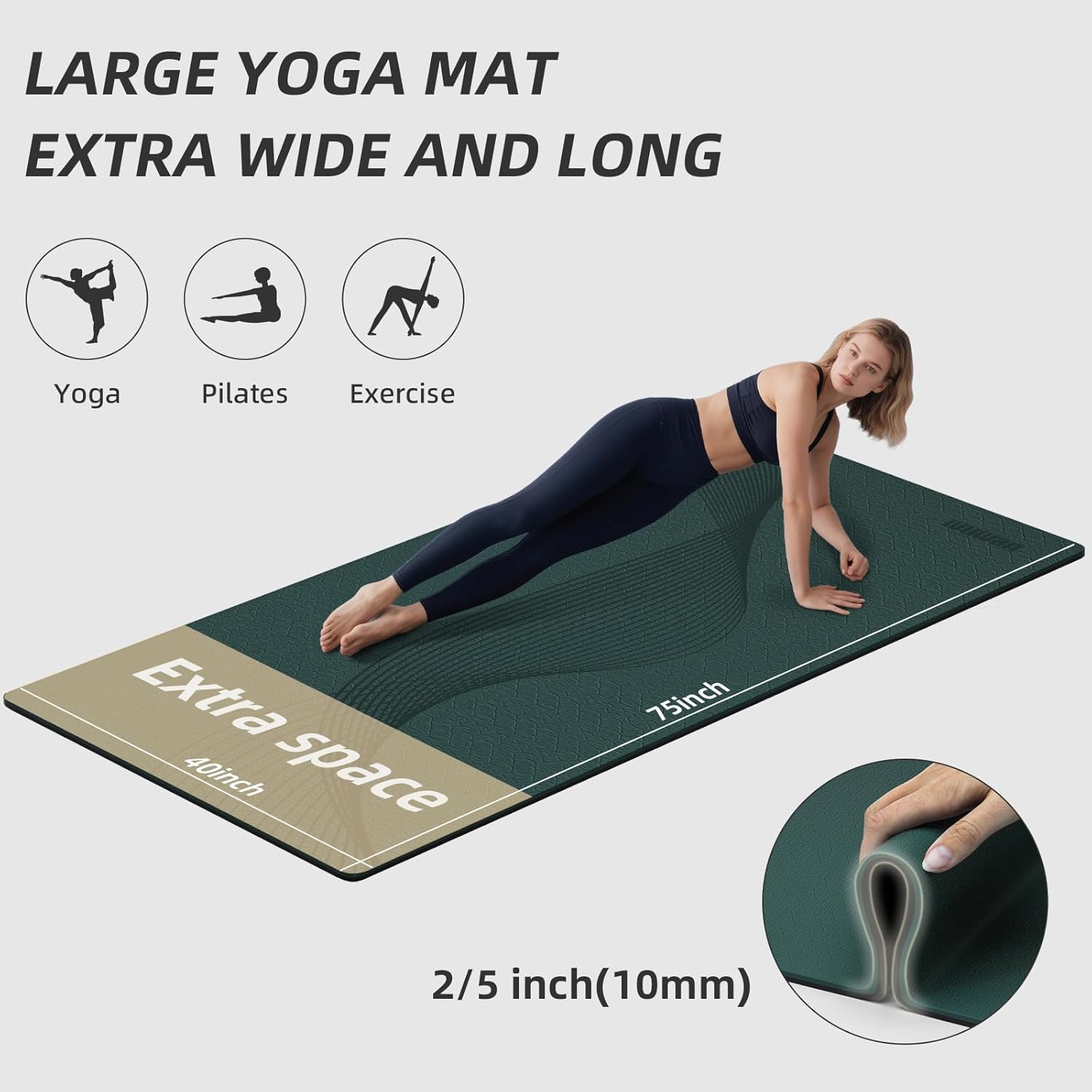 Large Yoga Mat 76"x 40"x10mm (2/5 inch) – Extra Thick & Wide, TPE Fitness Mat, Printed Non-Slip Exercise Mat with Carrying Strap for Men & Women, Pilates, Stretching, Fitness & Workout - Image 2