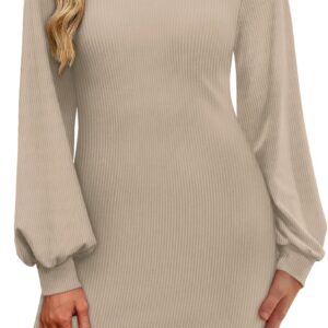 OFEEFAN Sweater Dresses for Women 2025 Fall Winter Puff Long Sleeve Crewneck Bodycon Fleece Ribbed Pullover Fashion Clothing