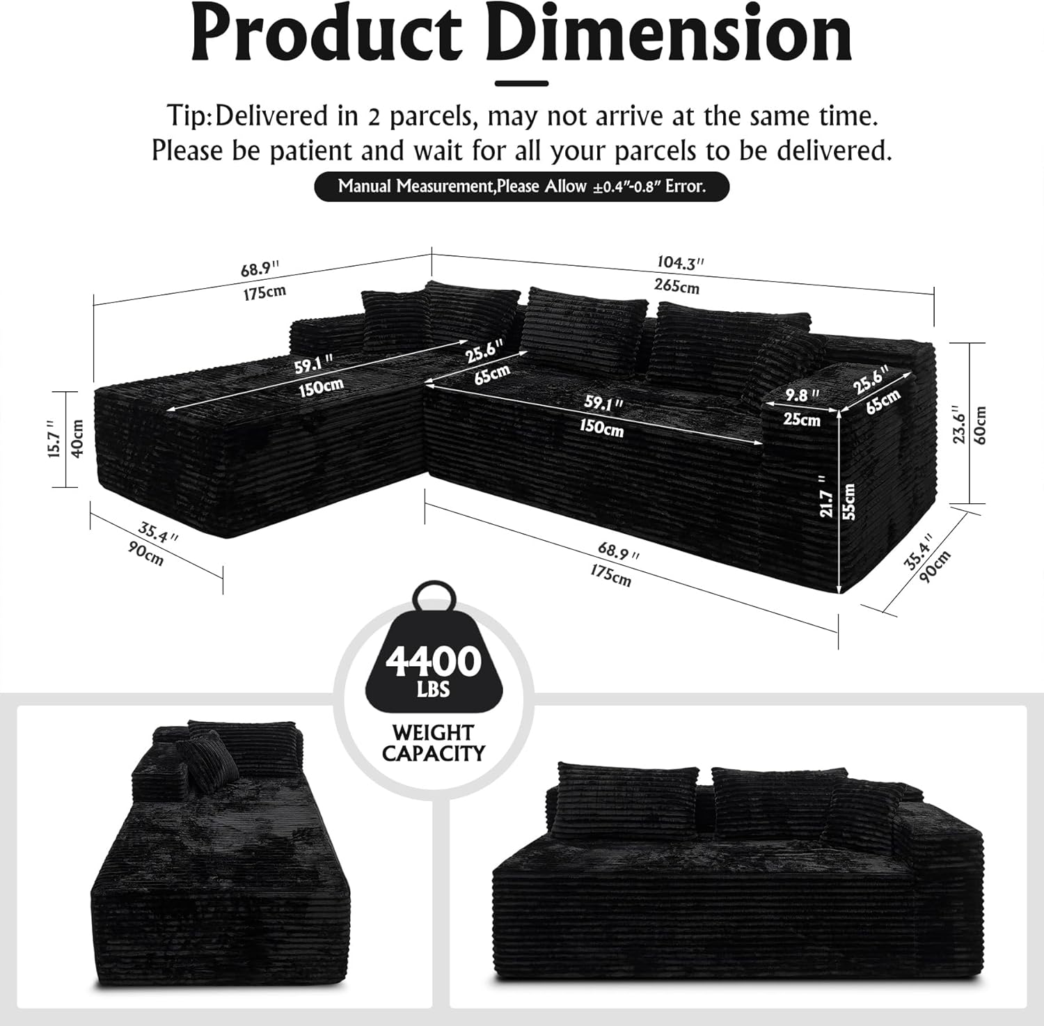 Boneless Modular Sectional Sofa, Cloud Couch with Left Facing Chaise, Oversized Deep Seat, L-Shaped, Soft Corduroy Fabric, Sectional Couch for Living Room -Black - Image 2