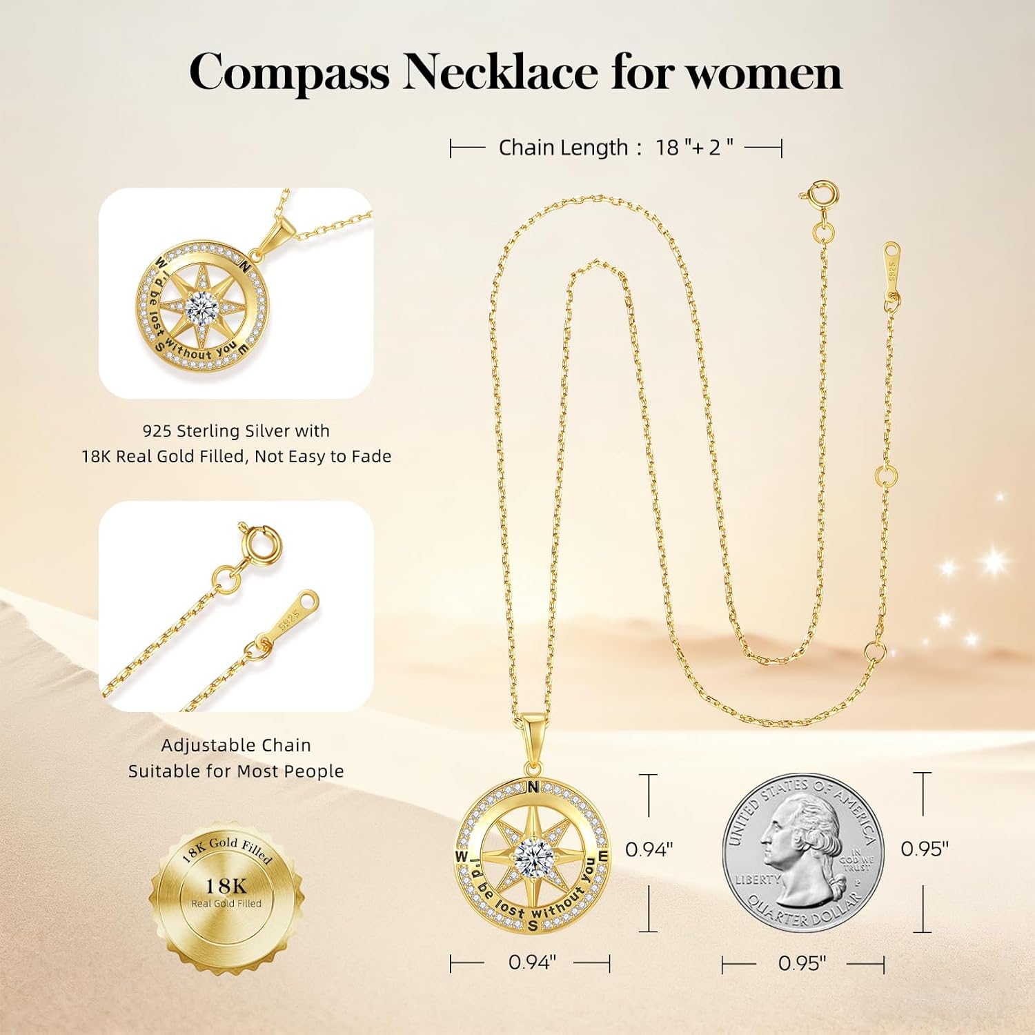Mkhhy Compass Necklace for Women Jewelry For Her White Gold and Yellow Gold I'd Be Lost Without You(18k Real Gold Filled With S925) - Image 2
