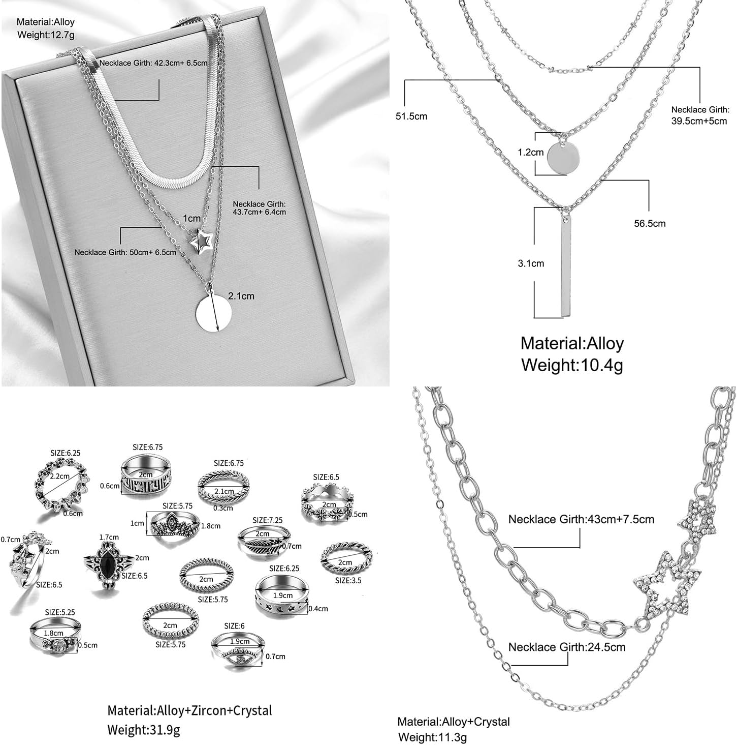 73 Pcs Gold Jewelry Set with 6Pcs Layered Necklace, 11 Pcs anklet and 7Pcs Earring Ear Cuff,12Hoop Earrings ,15pcs Rings,21pcs stud earrings Jewerly set for Women Pack for Friendship Party Gift - Image 3