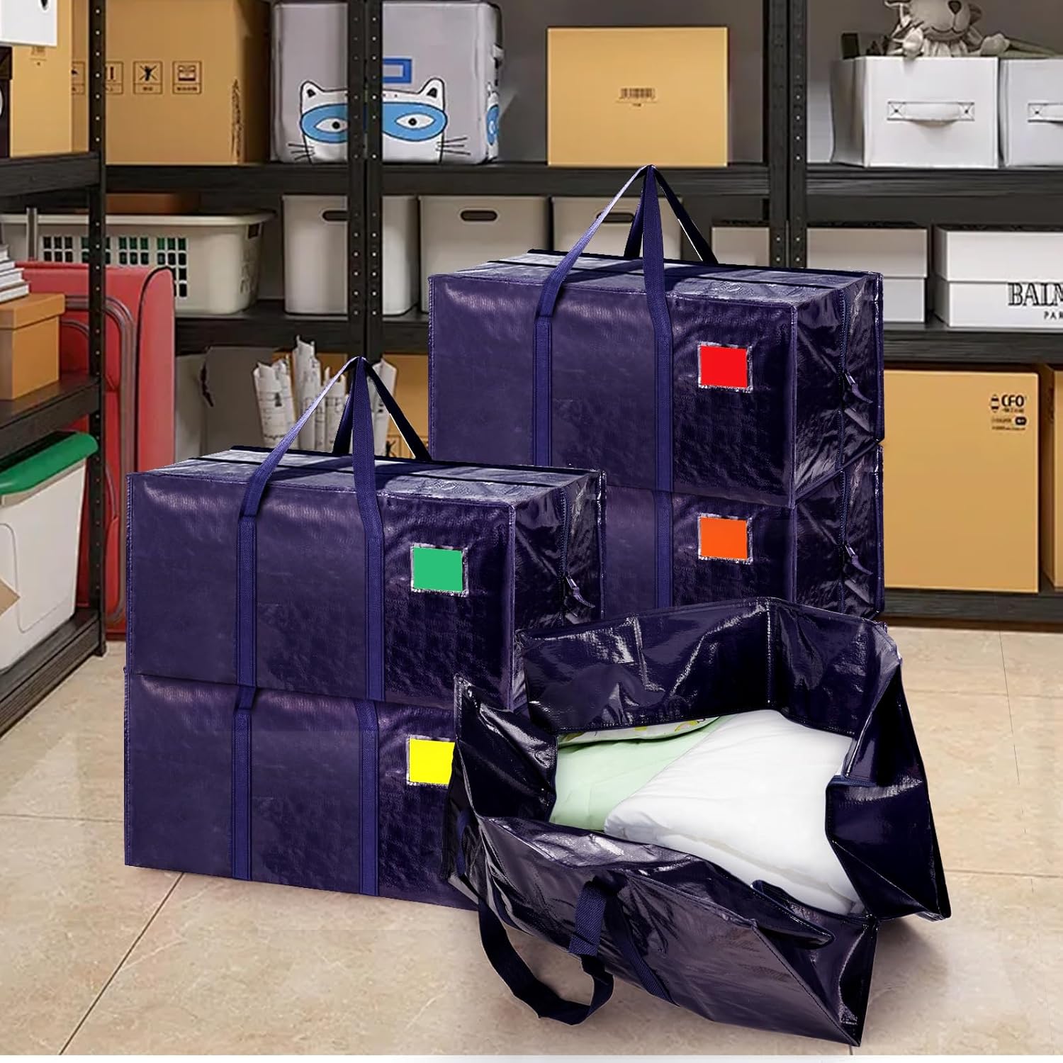 12 Pack Extra Large Heavy Duty Moving Bags with Reinforced Zipper & Wide Handles, Moisture-Resistant Storage Bins Packing Cubes for Clothes, College Dorm, Travel, and Home Organization, DarkBlue - Image 3