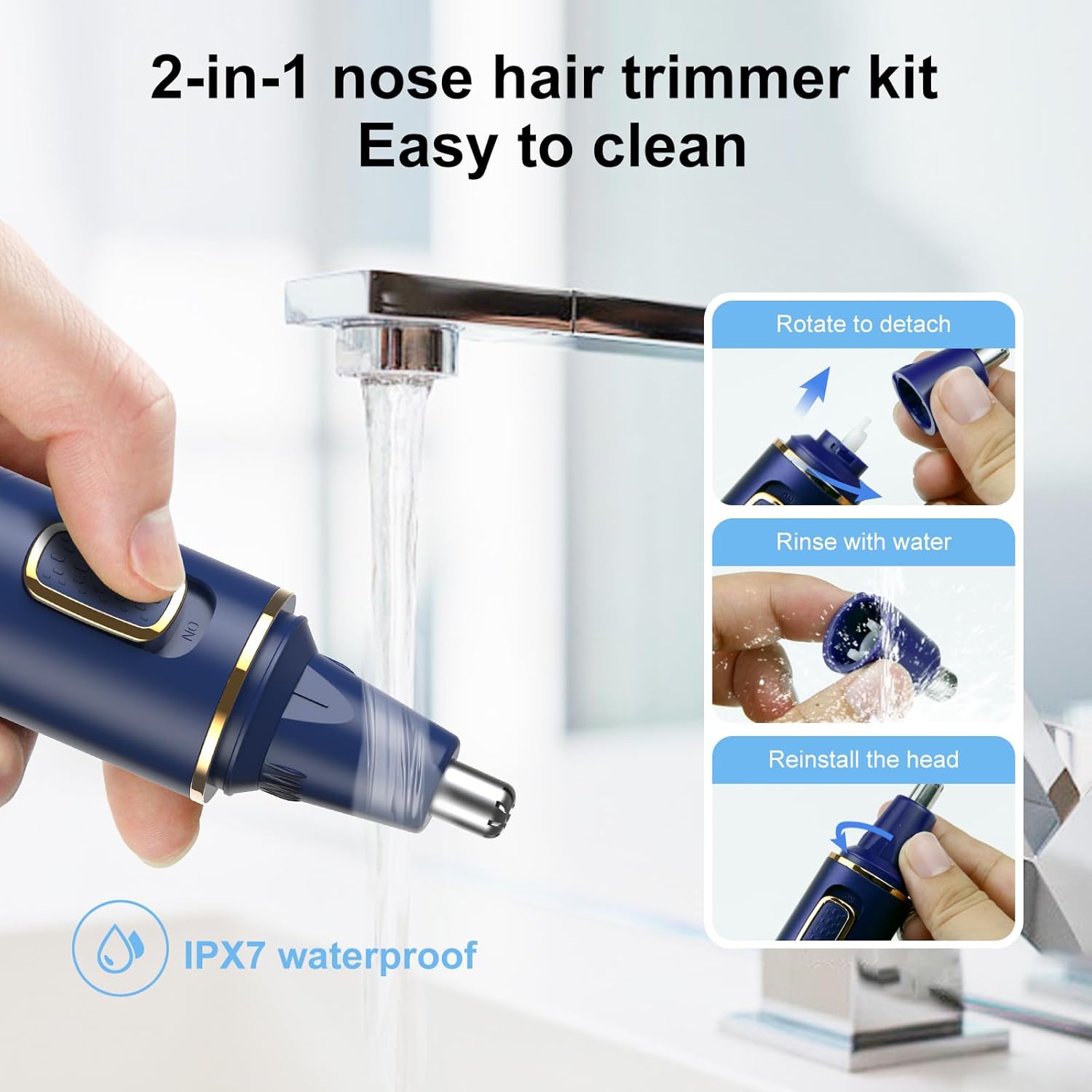 Nose Hair Trimmers for Men,Rechargeable Hair Trimmer 2 in 1 Painless Multifunctional Ear and Nose Hair Trimmer with IPX7 Waterproof Dual Edge Blades (Blue) - Image 5