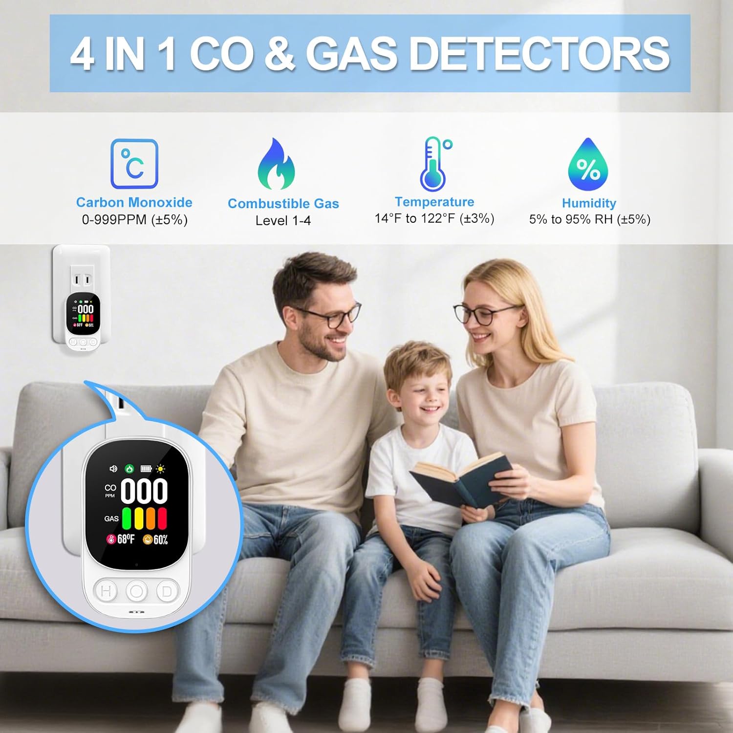 Carbon Monoxide Detectors Plug in & Natural Gas Leak Detector, 4-in-1 Portable Carbon Monoxide Alarm Propane Gas Detector, Temp Humidity, HD Screen CO Detector for Travel Home Hotel Camping RV (White) - Image 2