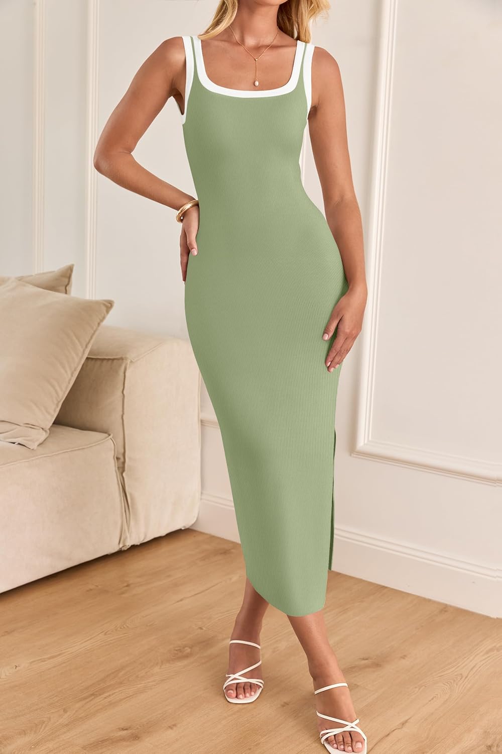 ZESICA Women's 2026 Summer Bodycon Midi Dress Casual Sleeveless Square Neck Side Slit Knit Beach Vacation Long Dresses - Image 3