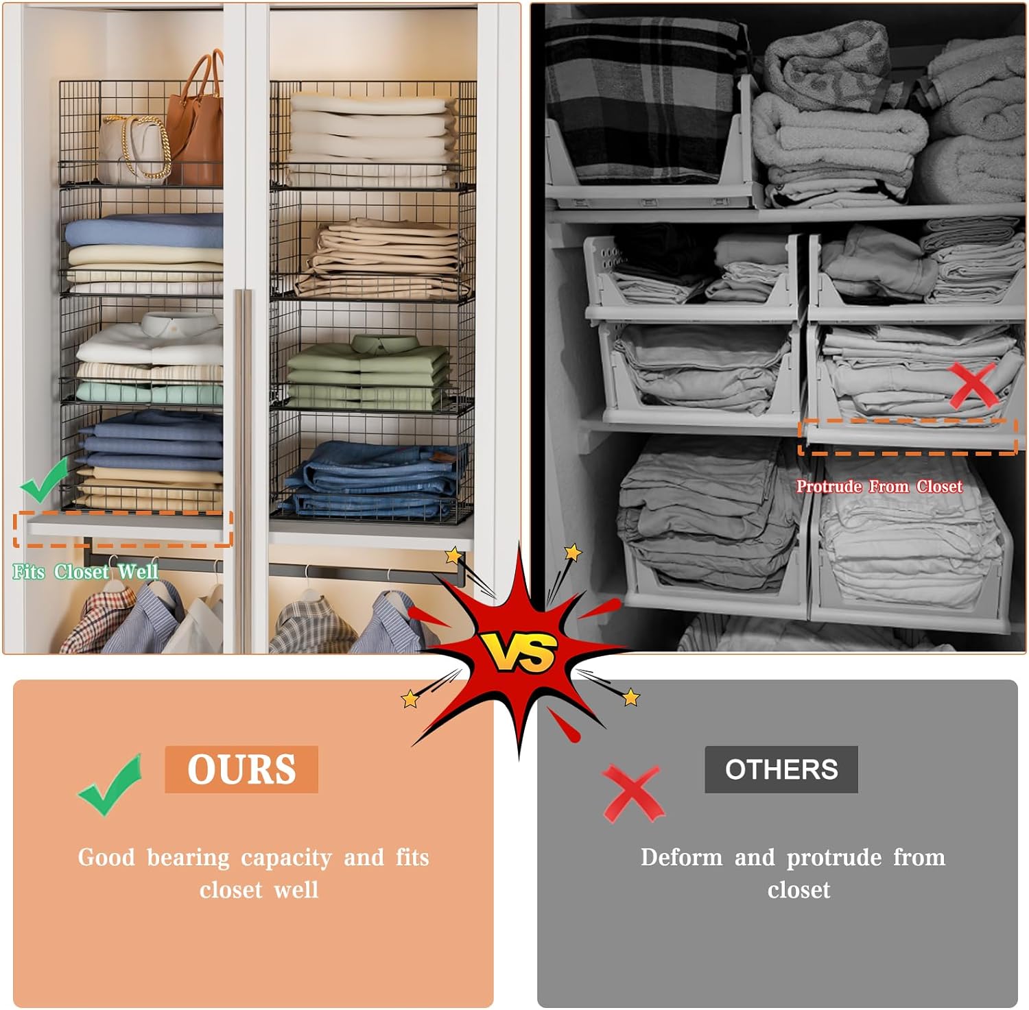 4-Tier Stackable Closet Organizers and Storage Shelves, Clothes Shelf Organizer Basket Bins, Foldable Sweater Storage for Closet Organizer System, Black (Patent Pending) - Image 3