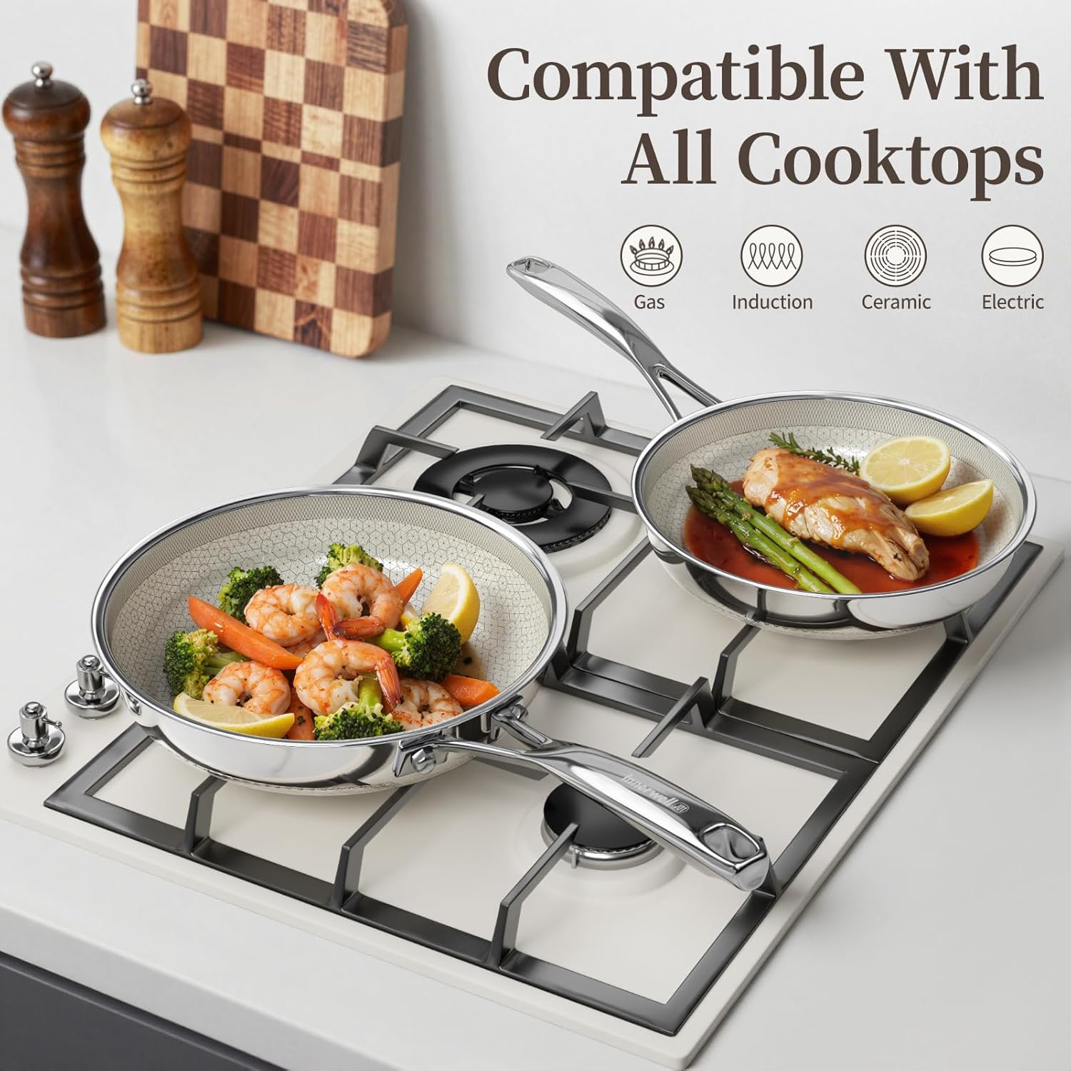 Non Stick Frying Pan Set with Lid, 8/10/12 Inch Ceramic Tri-ply Hybird Stainless Steel Cookware Sets, No Toxic Nonstick Skillet Set W/Lid Induction Cooking Pan Set of 3, Oven Safe, PFAS&PTFE&PFOA Free - Image 4