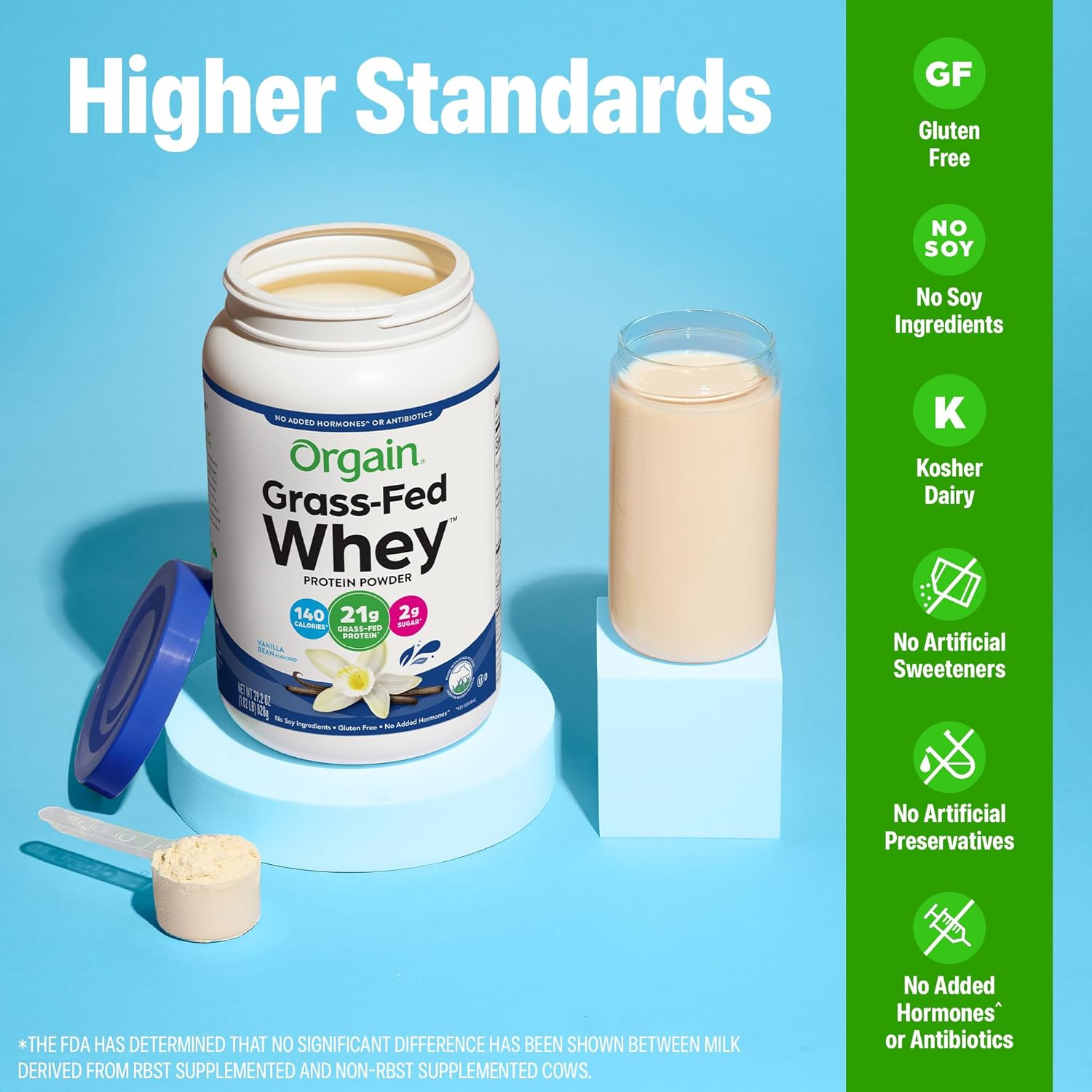 Orgain Whey Protein Powder, Vanilla Bean, 21g Grass Fed Dairy Protein, 5g BCAAs, 3g Prebiotic Fiber, 2g Sugar, No Added Hormones, Gluten Free, Kosher, for Shakes & Smoothies, 1.82 lb - Image 5