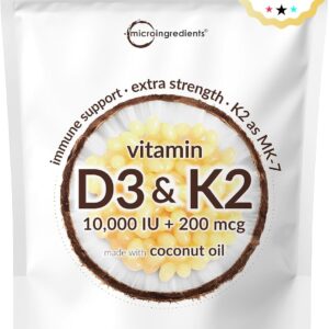 Micro Ingredients Vitamin D3 10,000 IU + K2 MK-7 200 mcg, 300 Softgels with Virgin Coconut Oil | 2-in-1 Vitamins D & K Complex | Extra Strength, Easy to Swallow, Non-GMO, Gluten Free