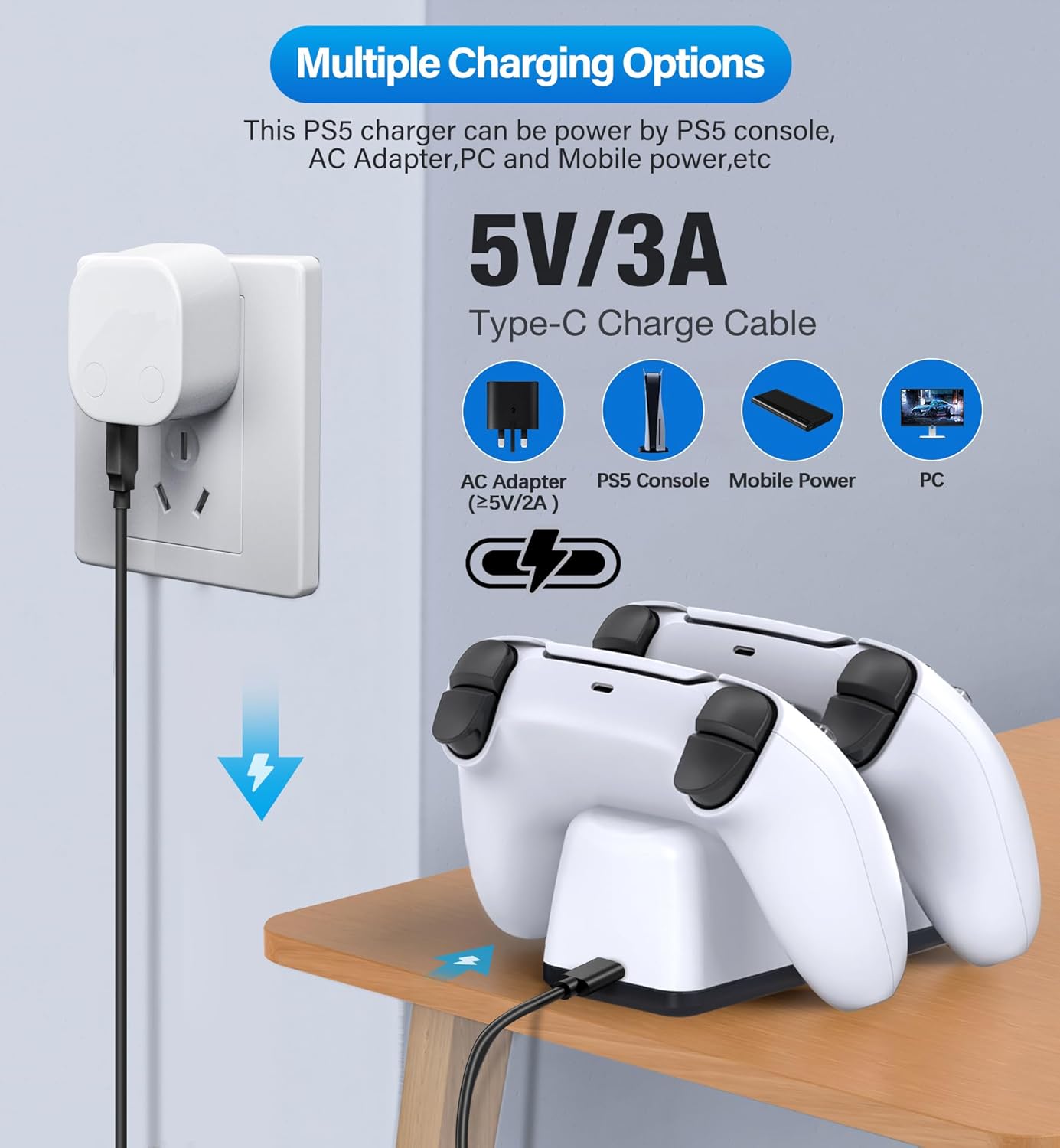 PS5 Controller Charging Station, PlayStation 5 Dualsense Charger Dock with Dual Stand, Upgrade PS5 Charger Accessory with Fast Charge Cable, PlayStation 5 Station, White - Image 4
