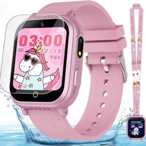 Kids Smart Watch Gift for Girls Ages 3-12, IP67 Waterproof, 32 Puzzle Games, HD Touchscreen Dual Camera Vedio Pedometer Music Player, Kids Watch Toy Birthday Gifts for Girls Ages 5 6 7 8 9 10 (Pink)