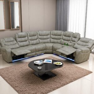 Power Reclining Sectional Sofa Set, Grey Breathing Leather Living Room Furniture Sets with Cup Holders/Storage Console/LED Light/UPS Port for Living Room,Office,RV Car